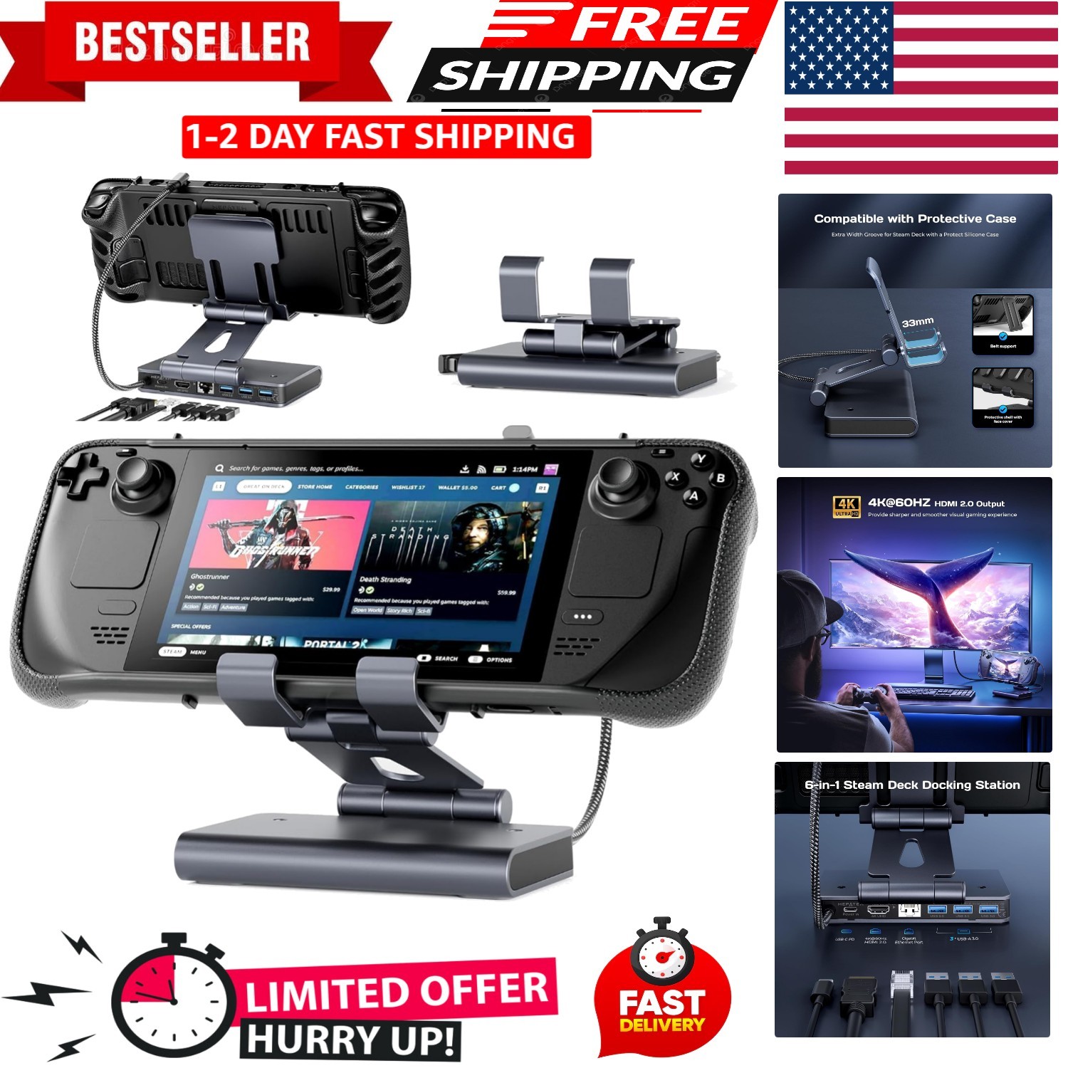 Compact 4K HDMI Dock for Steam Deck: 6-in-1 Hub with USB & Charging Ports