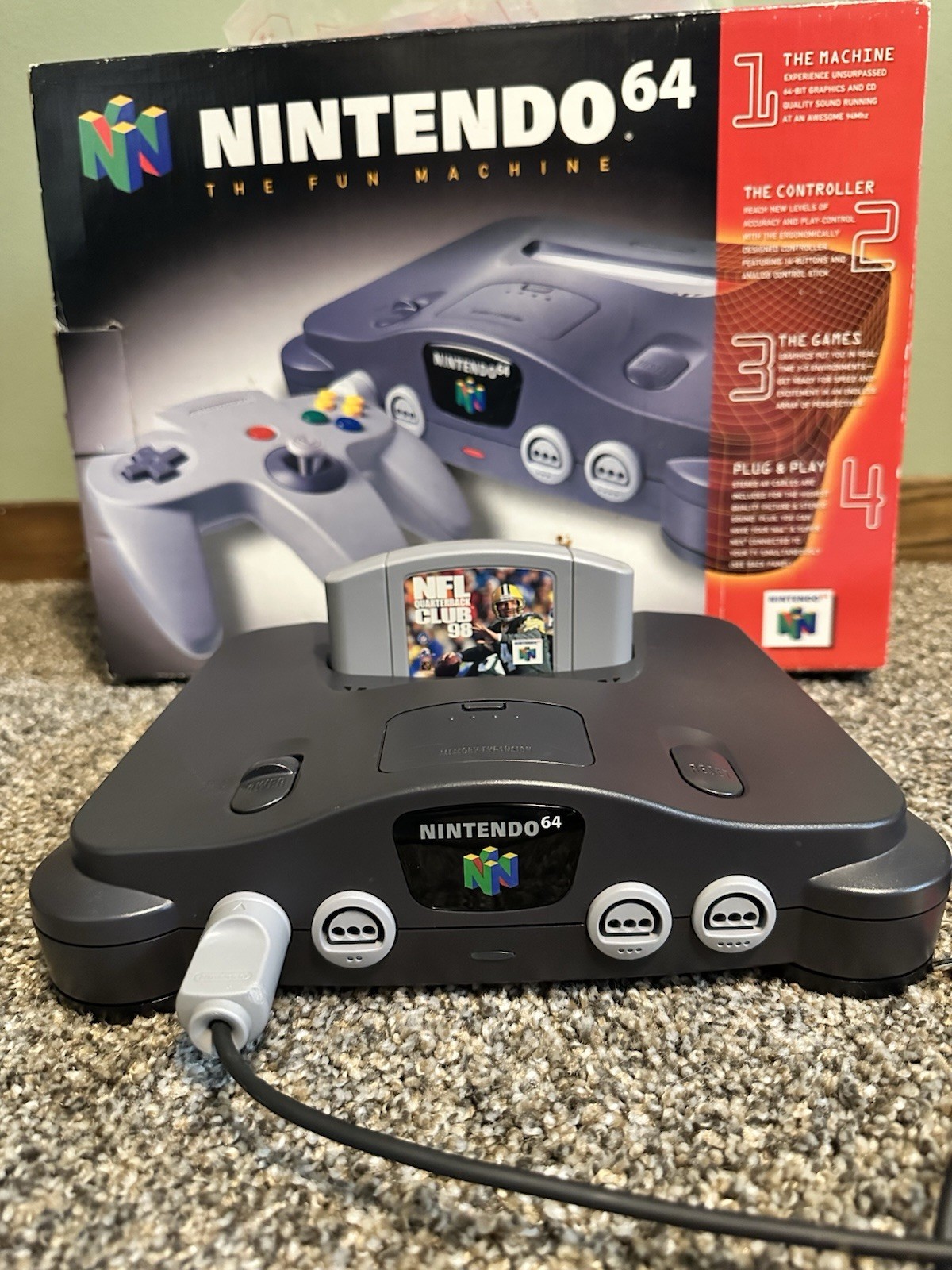 Nintendo 64 N64 Charcoal Gray – In Box, No Manual, All Cords, Controller, System