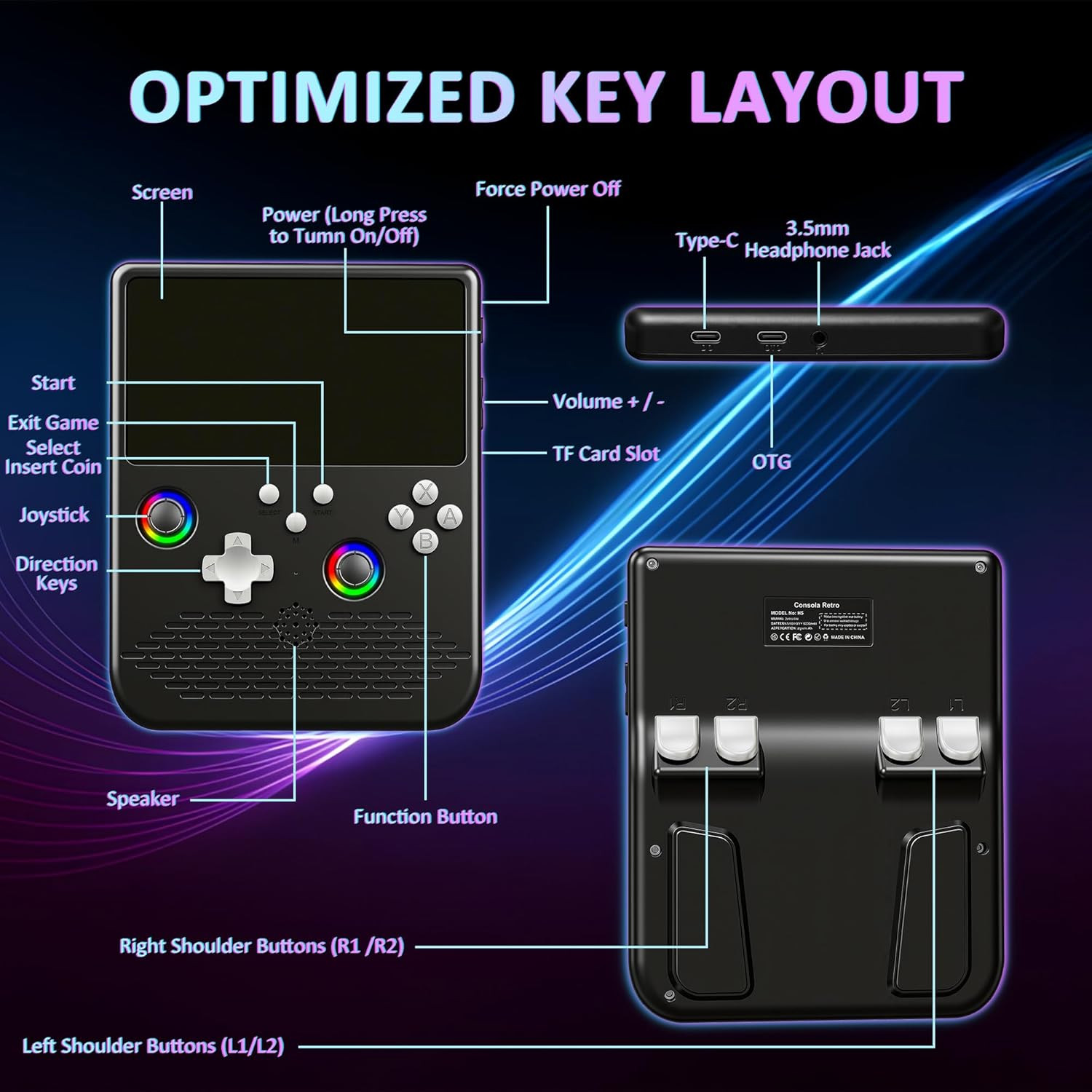 H5 Retro Gaming Console, 5.0 Inch IPS HD Screen Handheld Game Console, 256GB TF