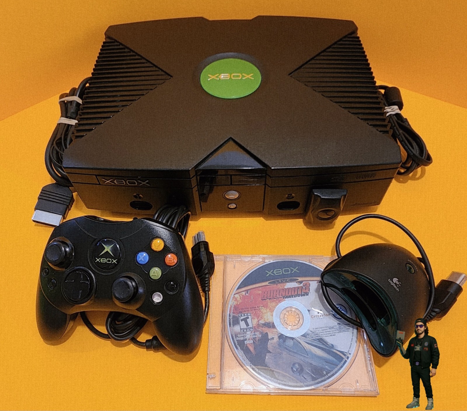 Original Xbox Console Tested DVD Logitech Wireless Adapter Controller Burnout 3