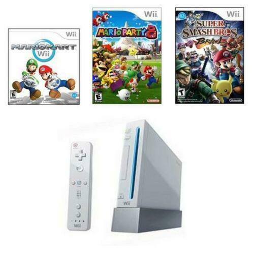 Nintendo Wii Console White Bundle Set Mario Kart + Party 8 + Smash Brawl RVL-001