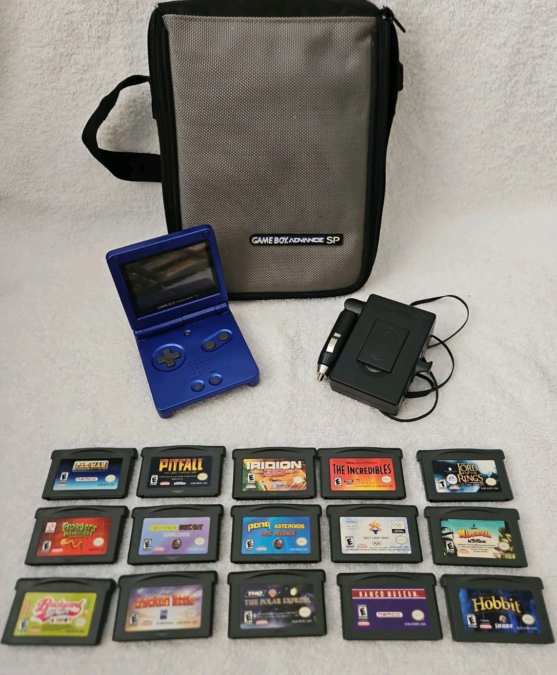 Nintendo Game Boy Advance SP AGS-001 Blue w/ Charger, 15 Games, Case