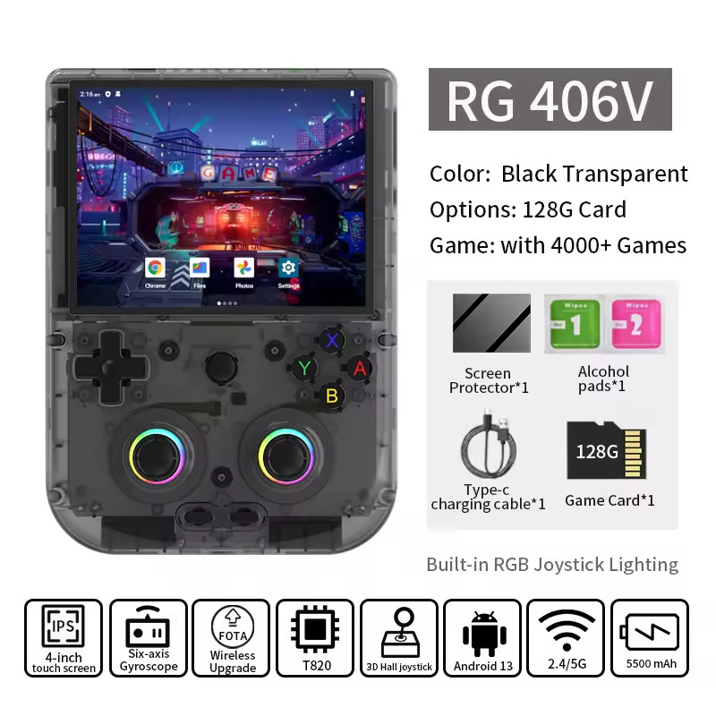 RG406V Handheld Game Console Android13 4″ IPS 128GB 5G WiFi BT HDMI