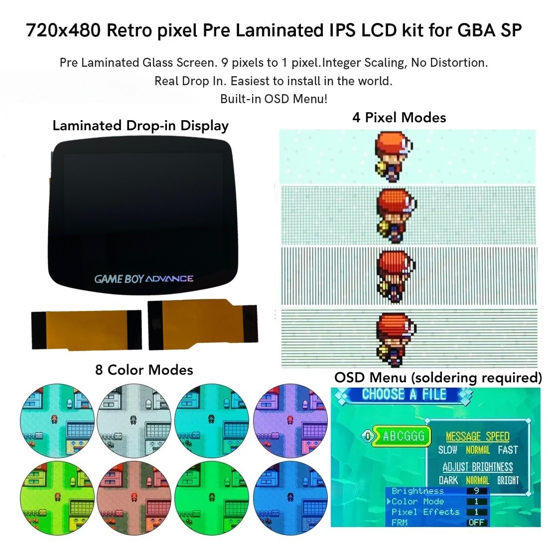 Gameboy Advance 720×480 Laminated IPS LCD Backlight Kit V5 3.0 NO SOLDER + Shell