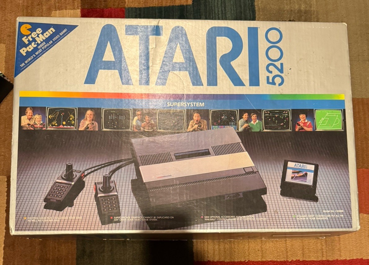 Atari 5200 game console in OG box, w/ manuals, power supply, 4 games- See Detail