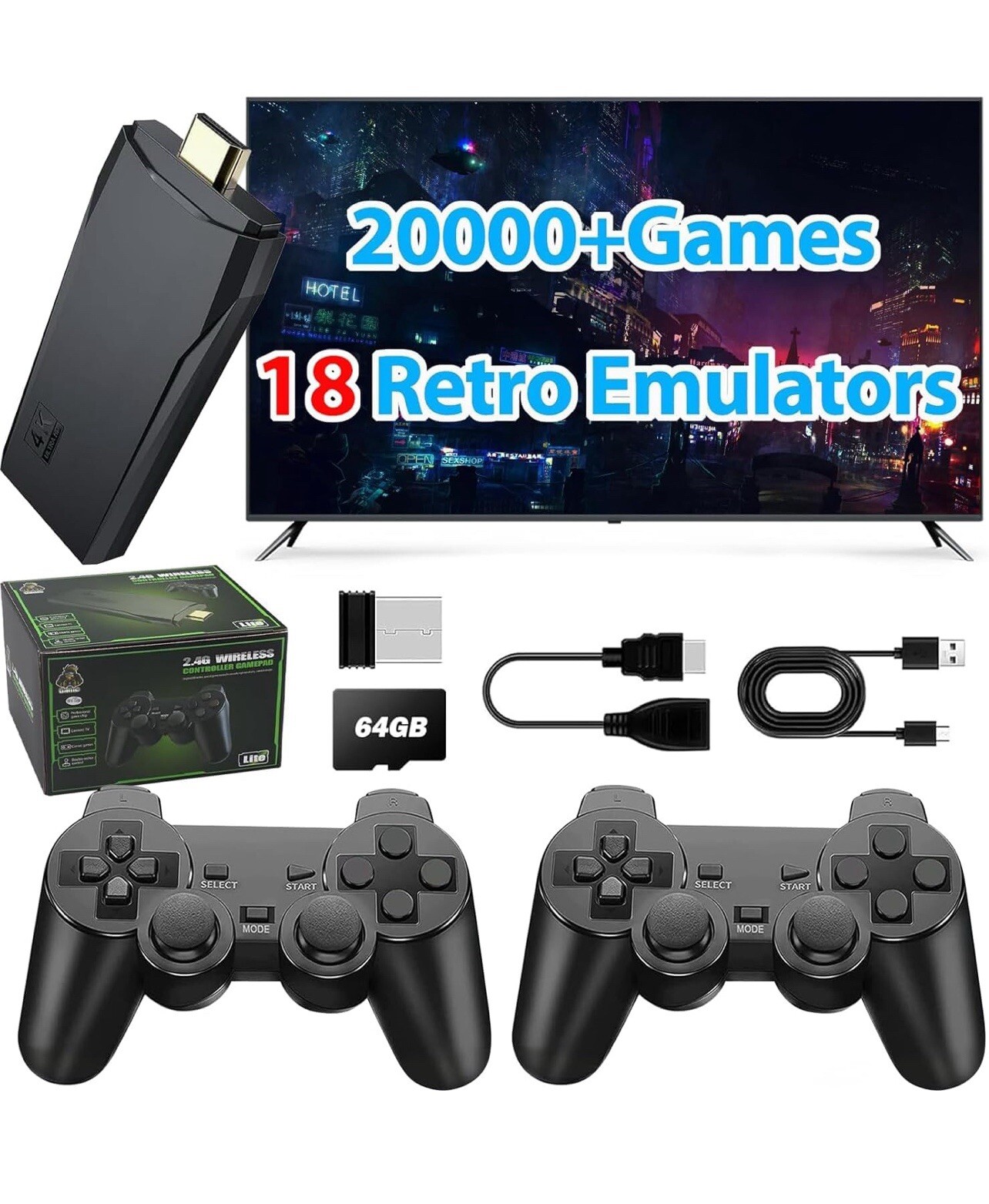 Wireless HDMI 4K TV Game Stick Console Built in 64GB 20000 Retro Games Gift