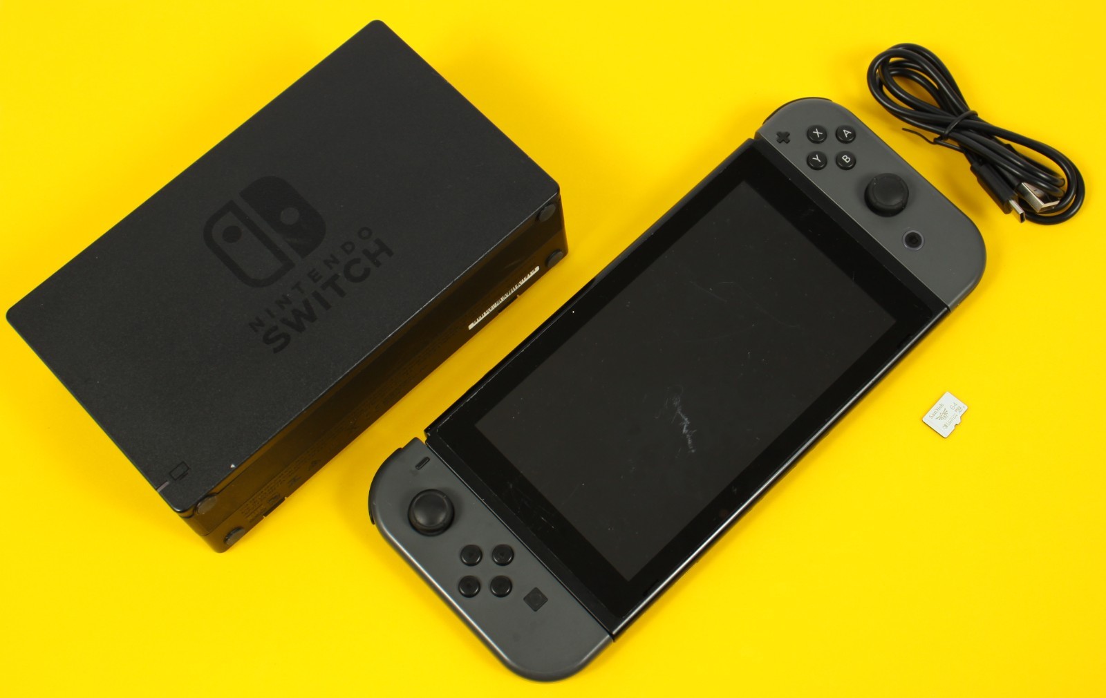 Nintendo Switch 1 32GB Console Bundle Grey Gray JoyCons With OEM Dock 64GB Card