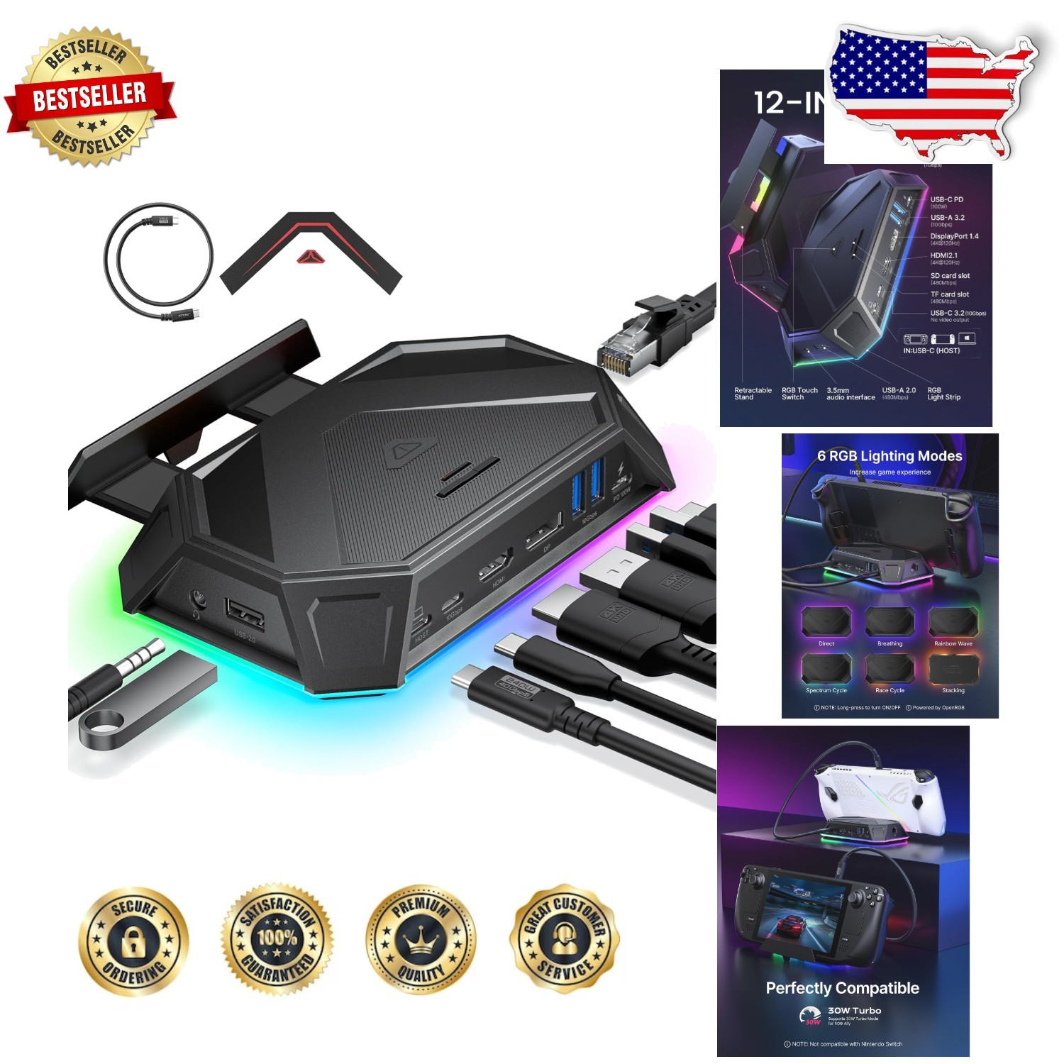 Steam Deck OLED/ROG Ally 12-in-1 RGB Dock, 4K@120Hz HDMI DP, 10Gbps USB