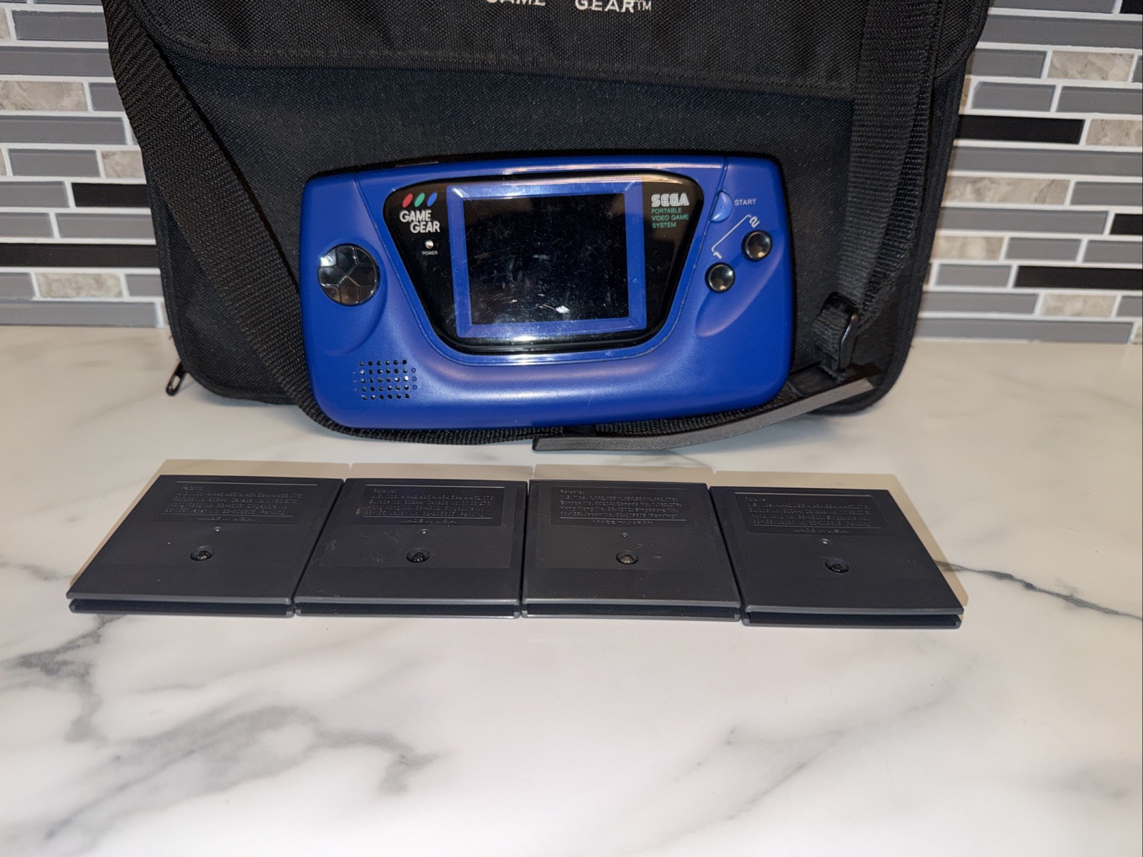 SEGA Game Gear Blue Console Bundle w/ Case & 4 Games Sonic & BB ⚾️ Repair/Parts