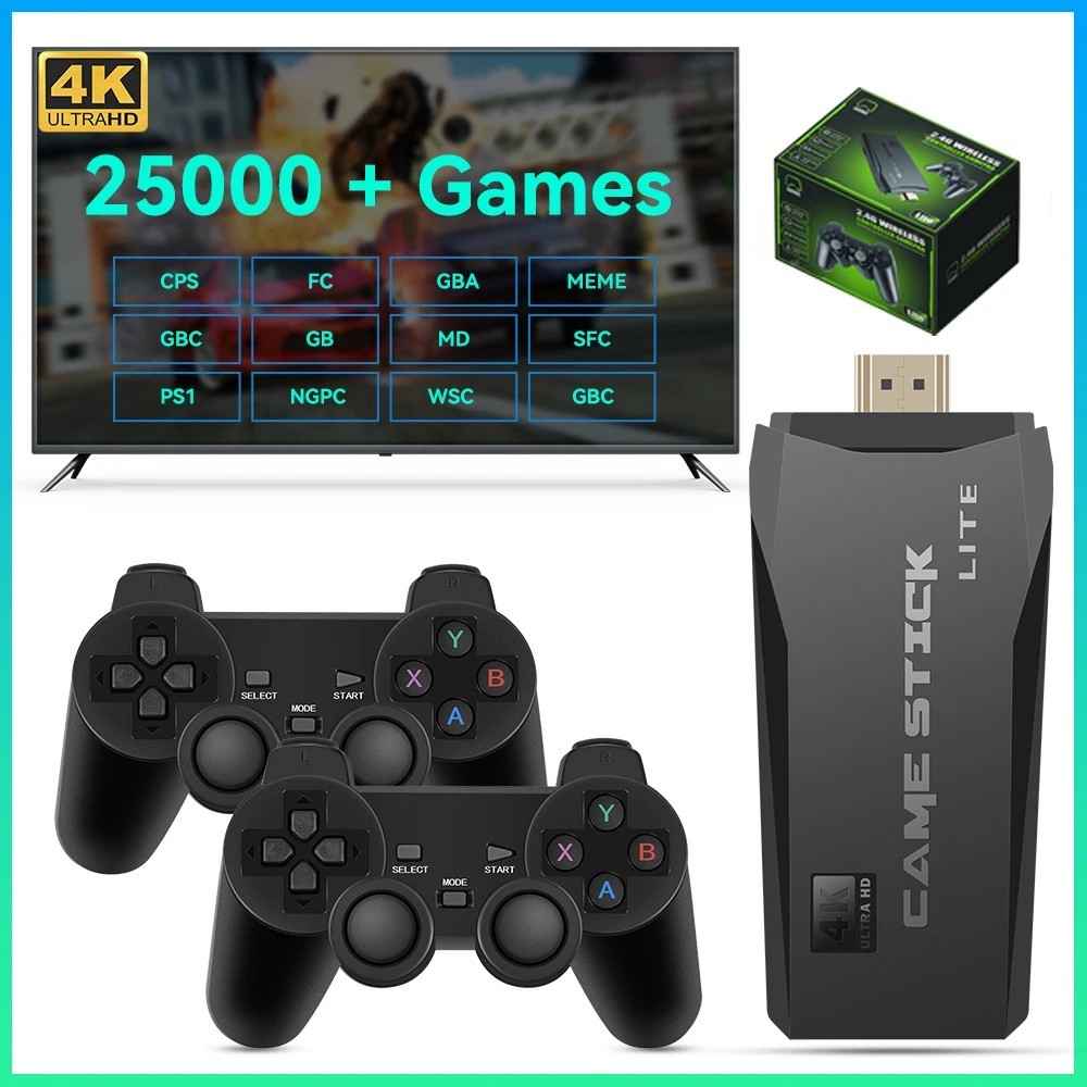 4K Retro Game Stick Console 64GB w/ 25,000 Games & 2 Wireless Controllers