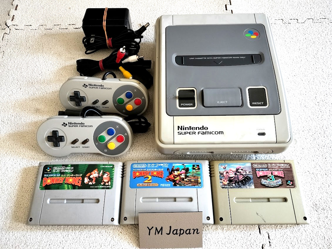 Nintendo Super Famicom Console Complete Set w/3 Donkey Kong Games Tested Japan