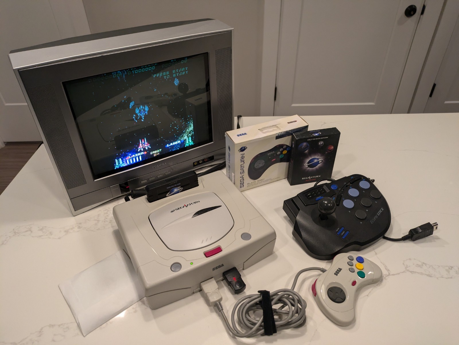 Sega Saturn White Console JP W/ Arcade Stick Wireless Controller Kai Extras Lot