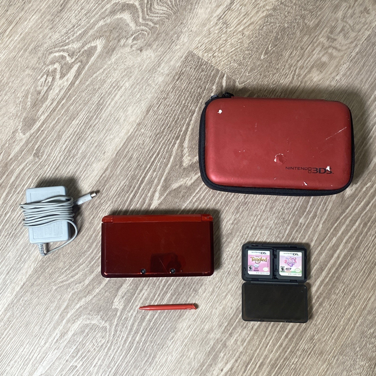 Nintendo 3DS CTR-001 Red Handheld Console w/ Charger & 2 Games Bundle See Pics