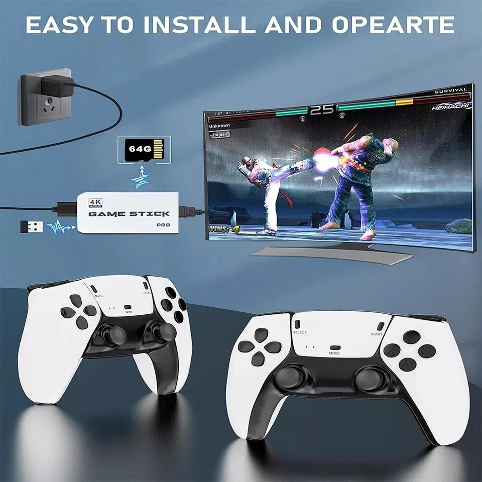 4K HDMI TV Game Stick Built-in 64GB 30000+ Video Games Console Wireless Gamepad