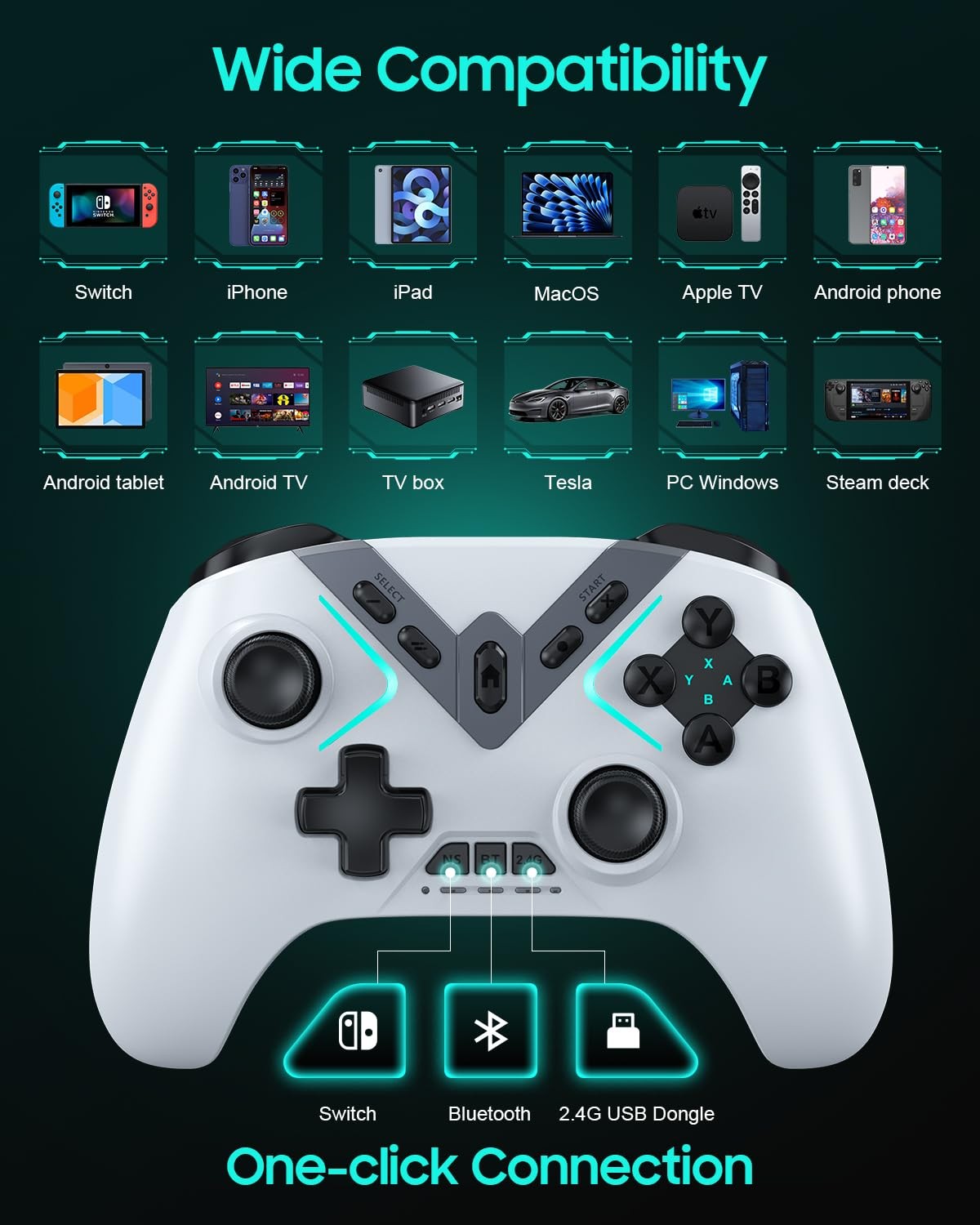 Dual Hall Effect PC Controller-No Drift No Dead Zone, Bluetooth White