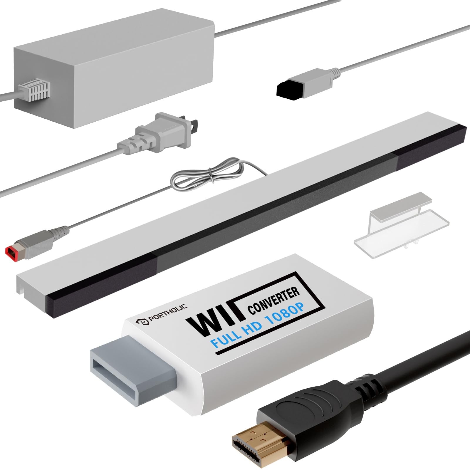 PORTHOLIC 4 in 1 Wii Replacement Cables Set, AC Power Adapter + White