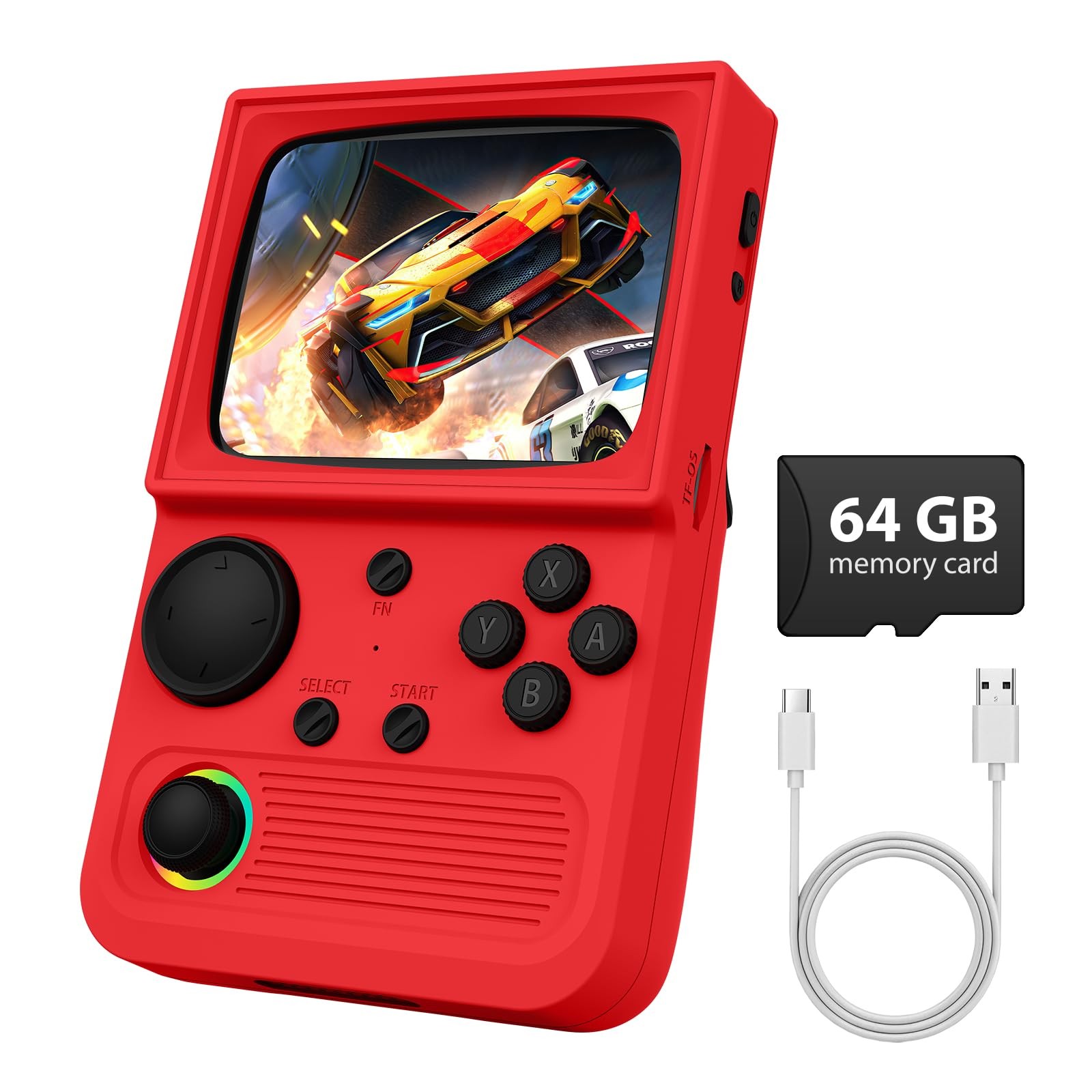 R36T Retro Game Handheld Game Console 3.5in 3500mAh Battery, 64GB TF Card, Red