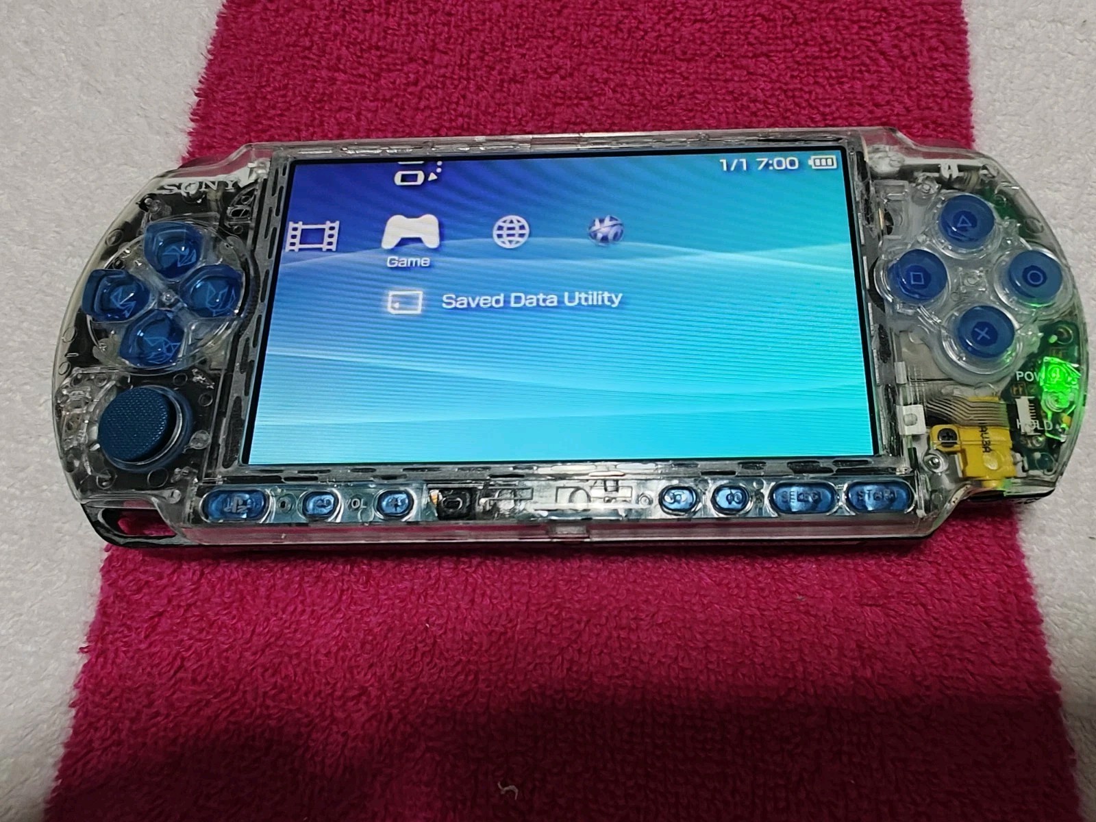 Clear Front Blue Buttons Sony PSP 3000 System Charger 128gb Mem Card Set