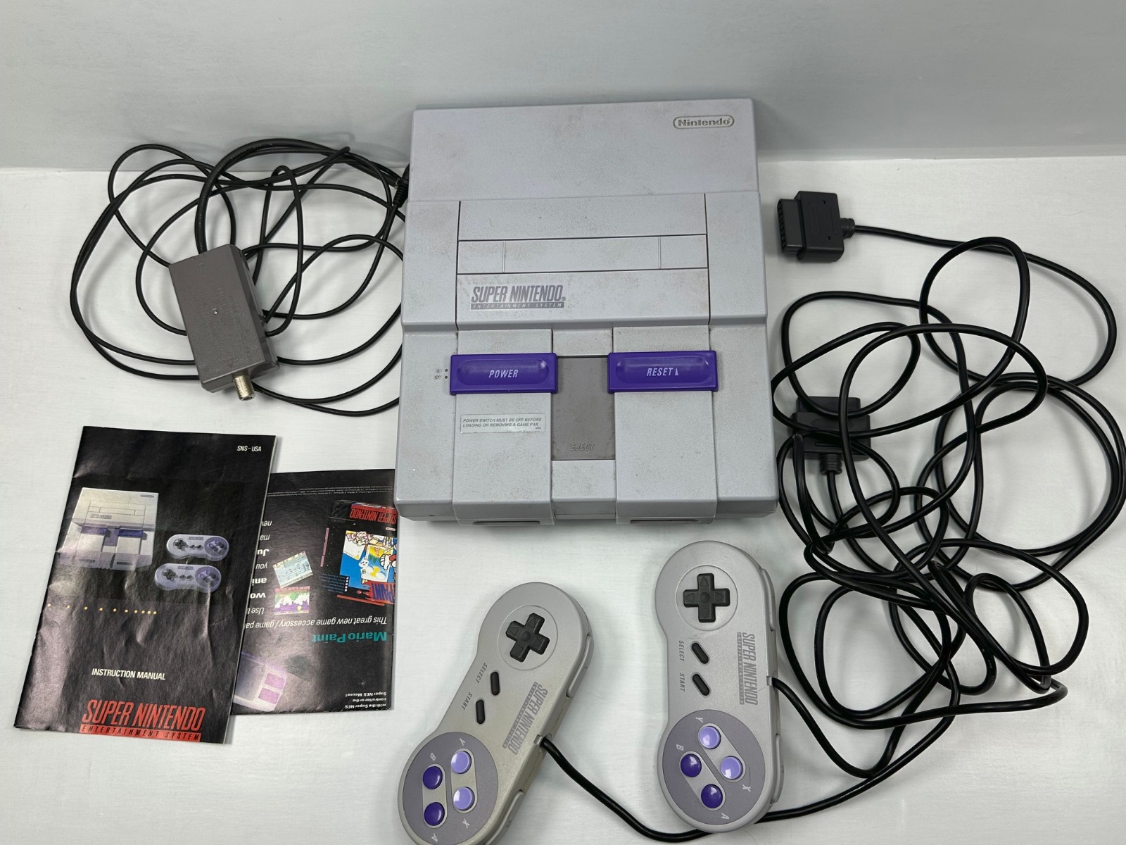 Super Nintendo Console SNES TESTED – 2 Controllers Video Manual – NO AC Adapter