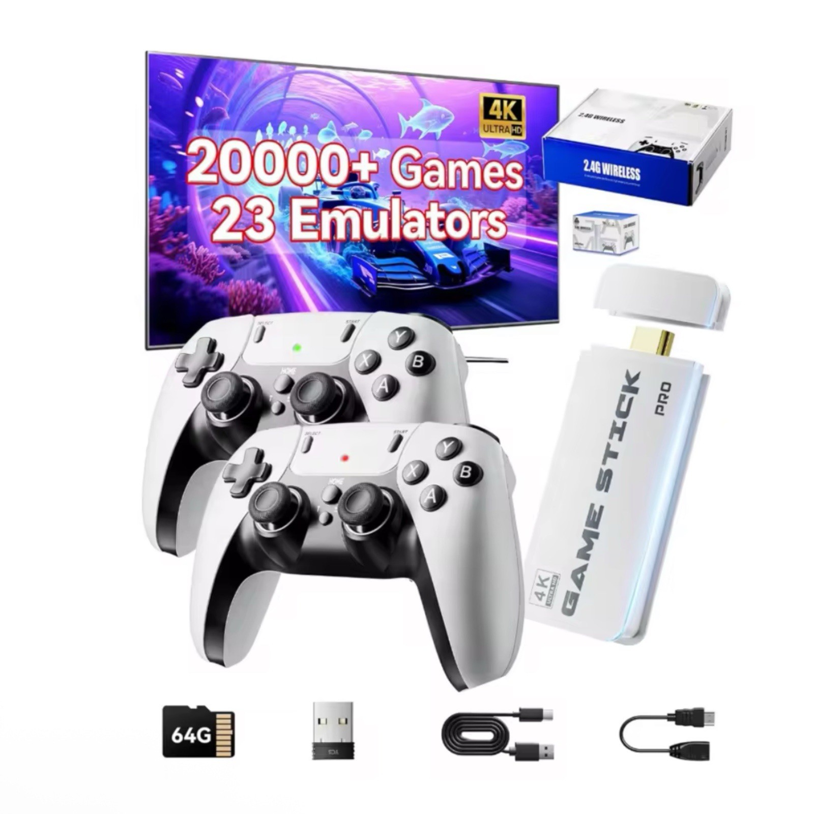 Retro Game Console 20000+ Games 4K HDMI Stick 2 Wireless Controllers Plug Play