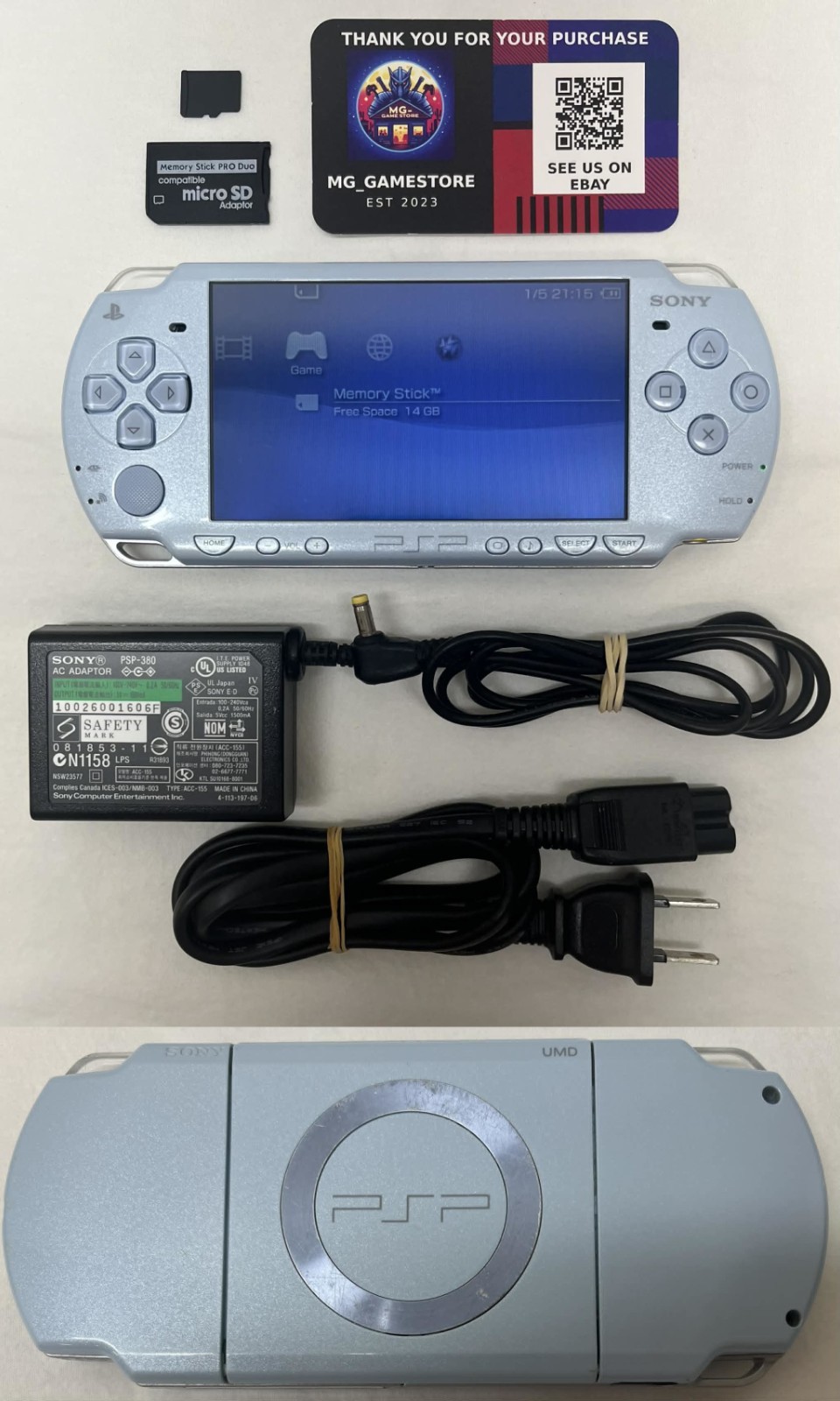 PSP2000 Felicia Blue / New Battery / Genuine Sony Charger / Region Free / 16 GB