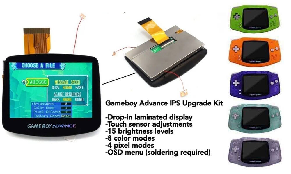 Gameboy Advance 720×480 Laminated IPS LCD Backlight Kit V5 3.0 NO SOLDER + Shell