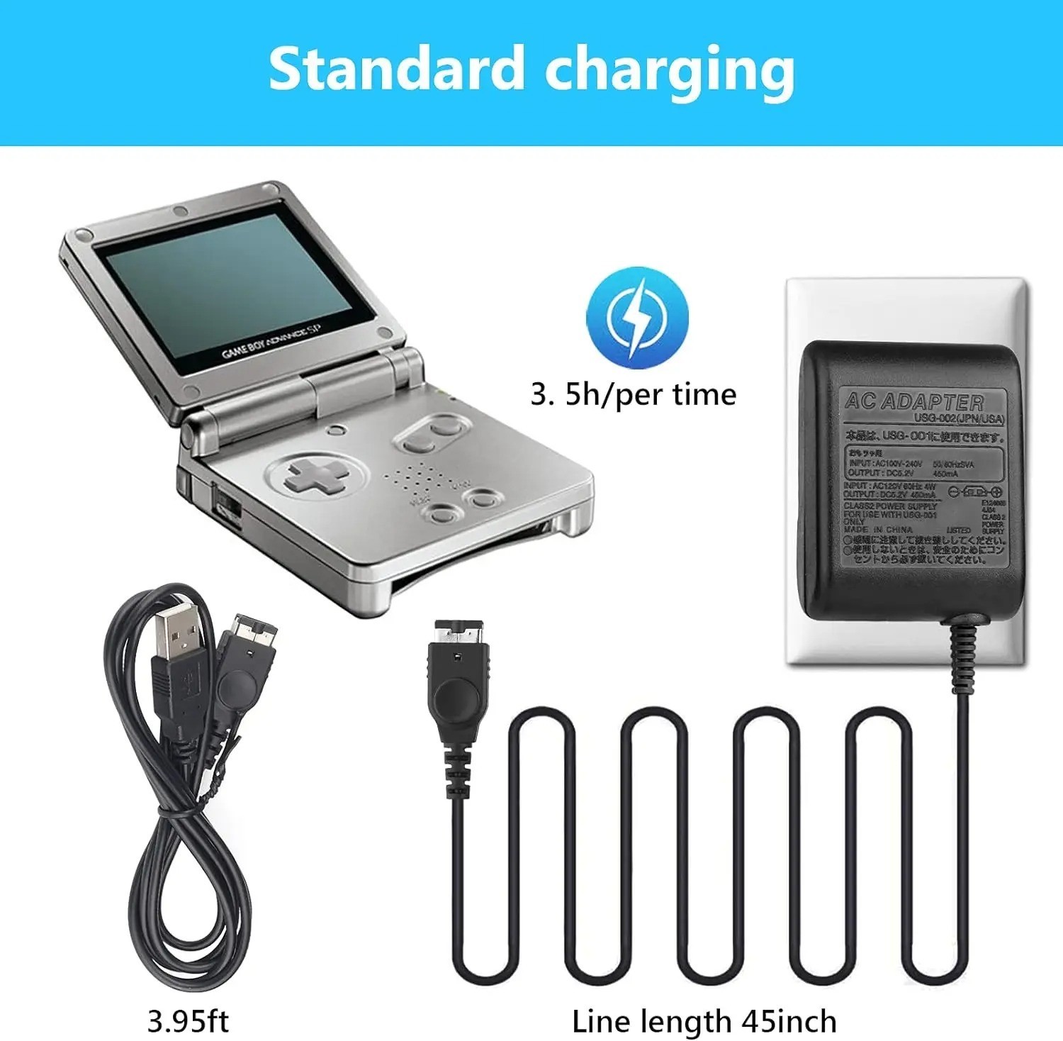 GBA Charger Gameboy Advance SP AC Adapter Nintendo DS Console USB Power Cable