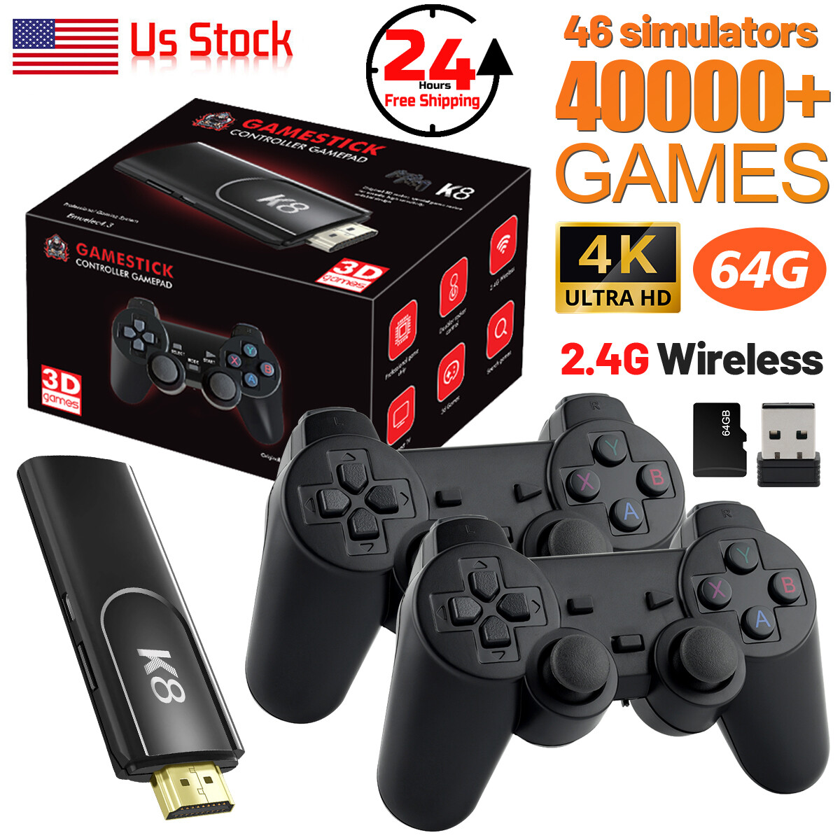 4K Retro Game Console Plug&Play 40000+ Video Game Stick +2x Wireless Controllers