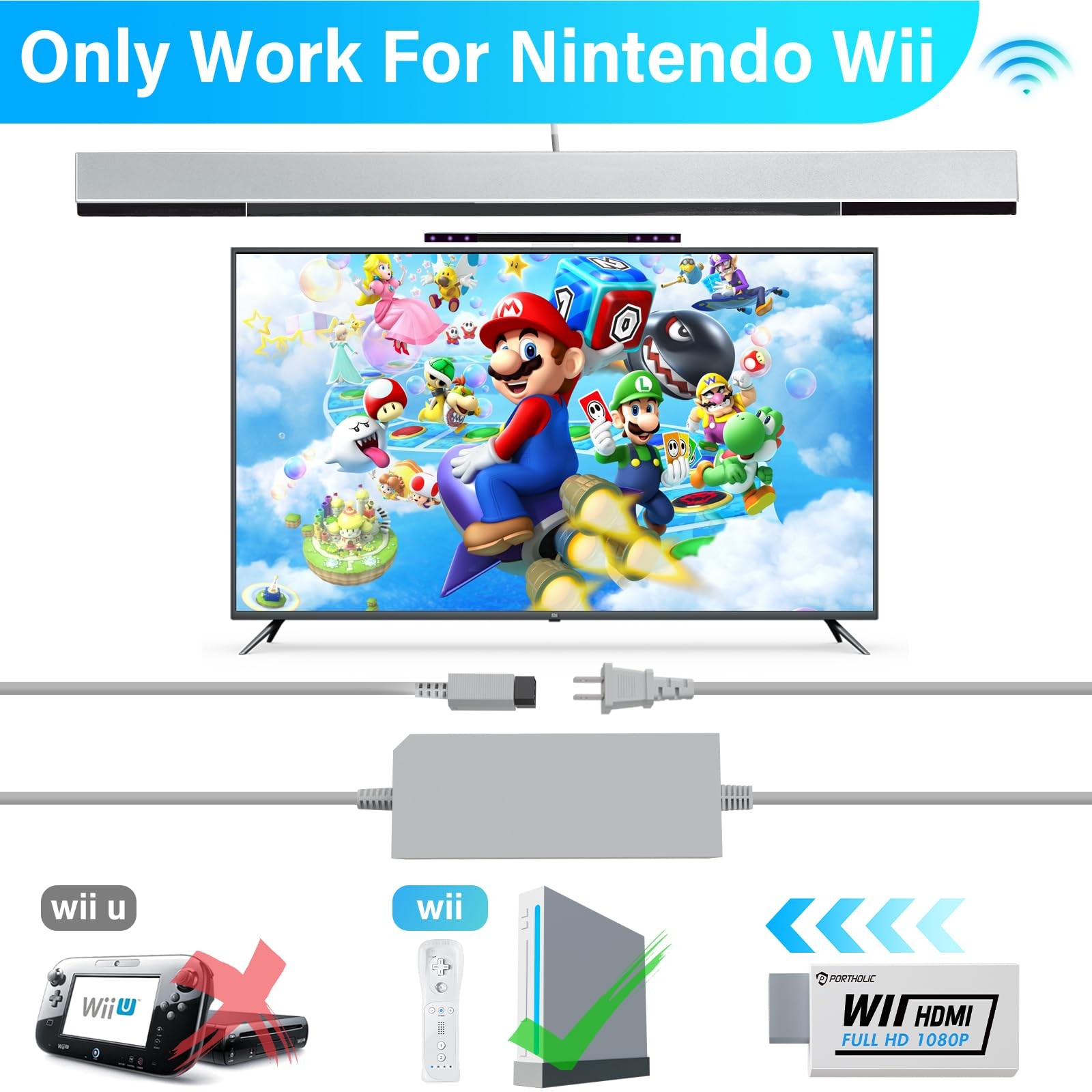 PORTHOLIC 4 in 1 Wii Replacement Cables Set, AC Power Adapter + White