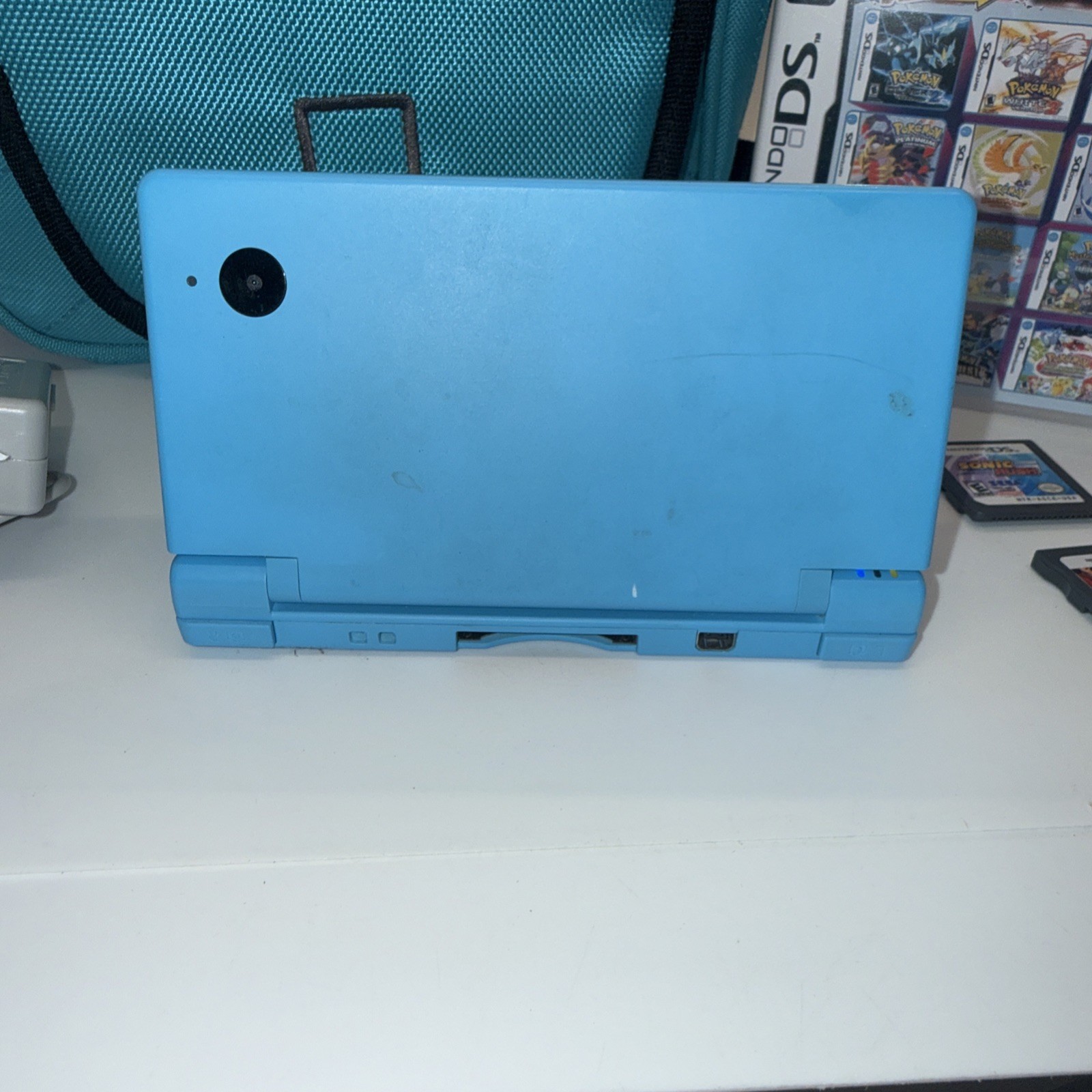 Nintendo Dsi Teal Light Blue Case Charger 4 Games Pokemon Album 23 In 1
