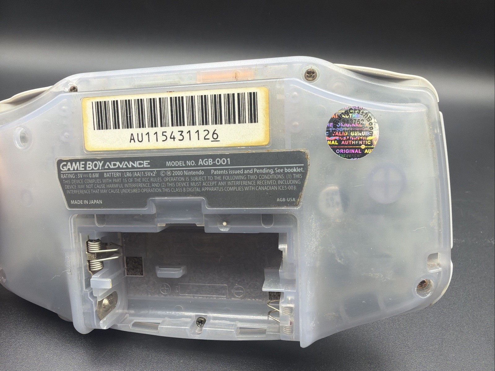 Nintendo Game Boy Advance Console System Clear Glacier Works No Battery Cover
