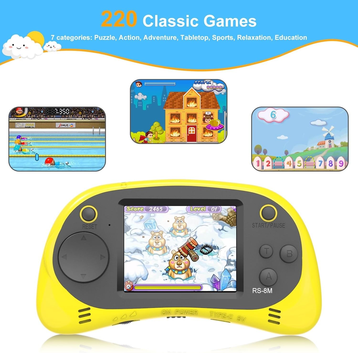 Kids Handheld Game Player – 220 Built-in Games, 2.5″ IPS Display, Rechargeable
