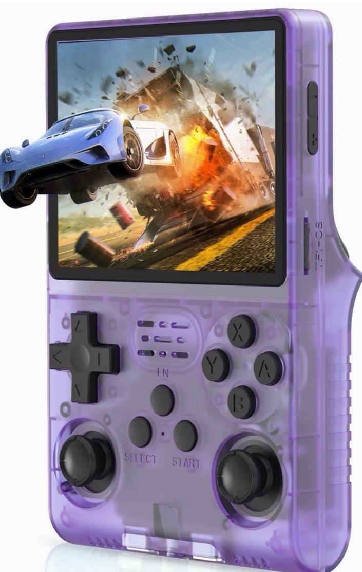R36S Retro Handheld Game Console 128GB Purple Transparent Preloaded w/Case+Glass