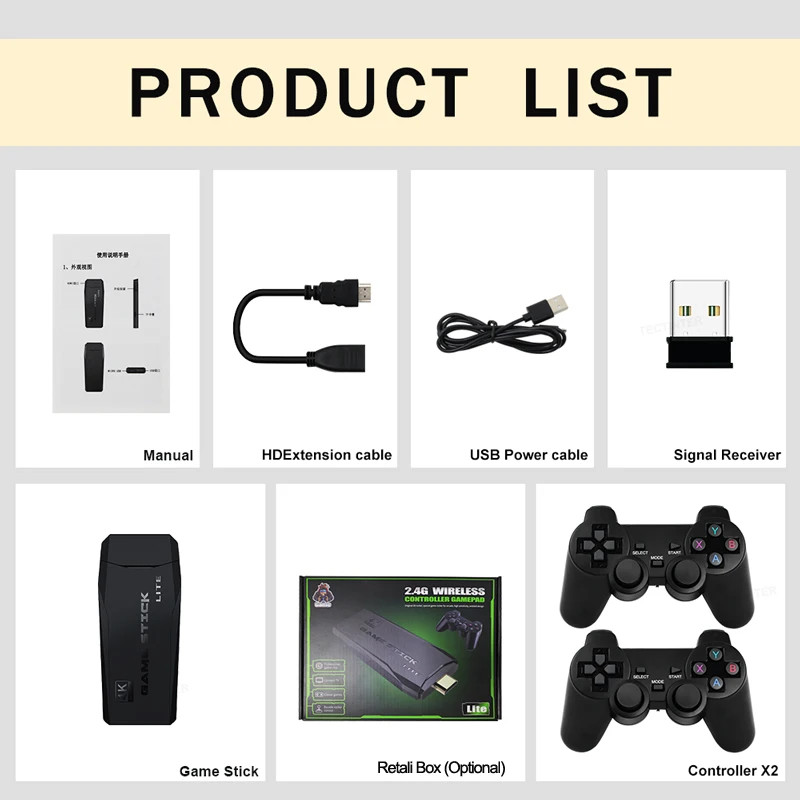 M8 4K Mini Game Stick,40000 Built-in Games with Twin 2.4G Wireless Controllers