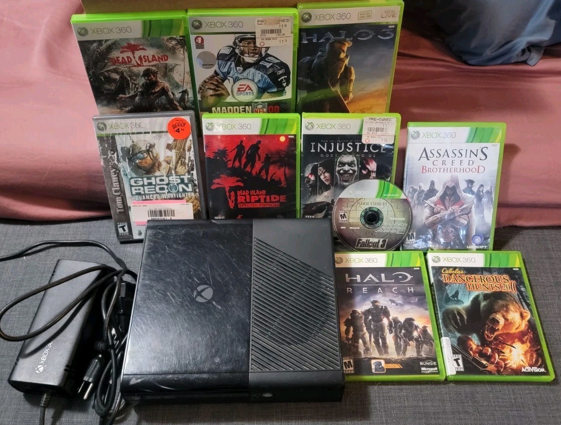 Xbox 360 E 250GB Bundle Console Cables 10 games One Controller Tested