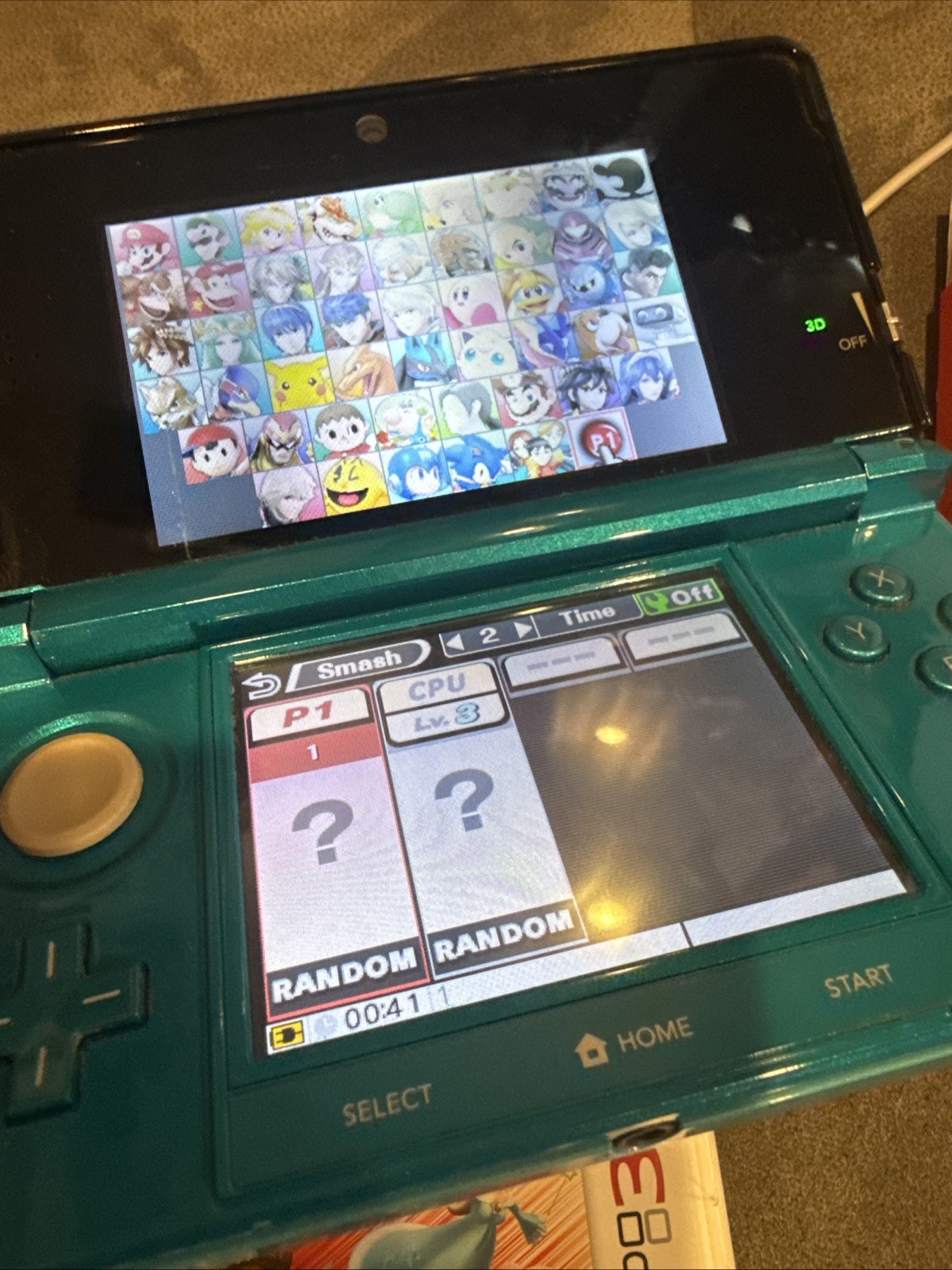 Nintendo 3DS Original Aqua Blue Teal System & Super Smash Brothers Game Charger