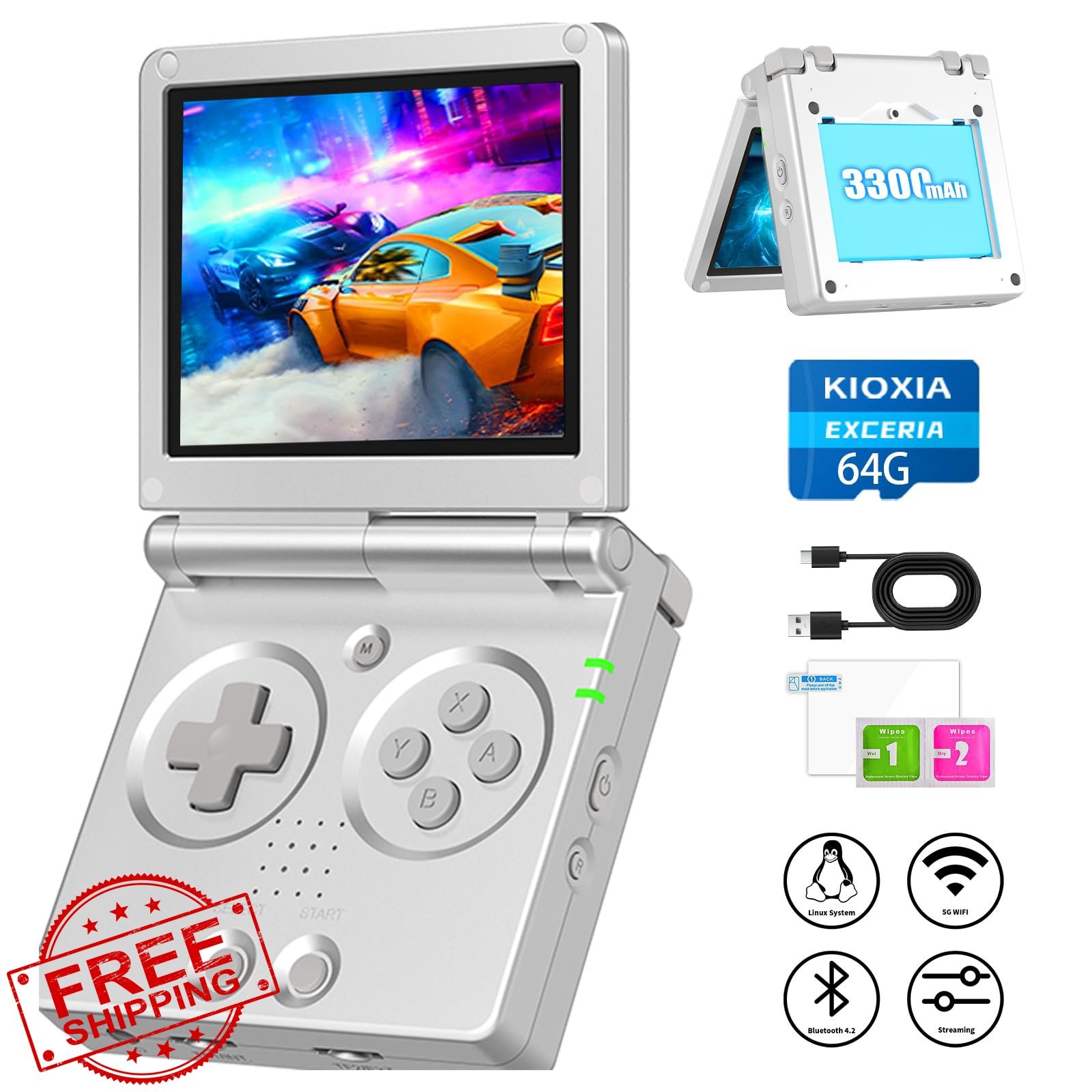 RG35XXSP Flip Retro Game Console, 64G, 5500+ Games, Silver