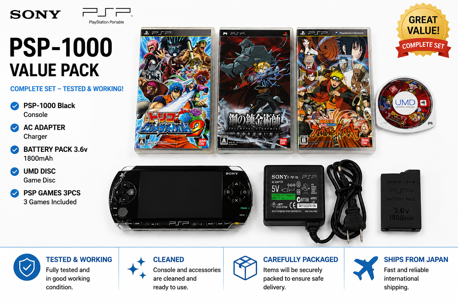 Sony PSP-1000 Black Console Bundle OEM Charger Battery 4 Games Tested Japan