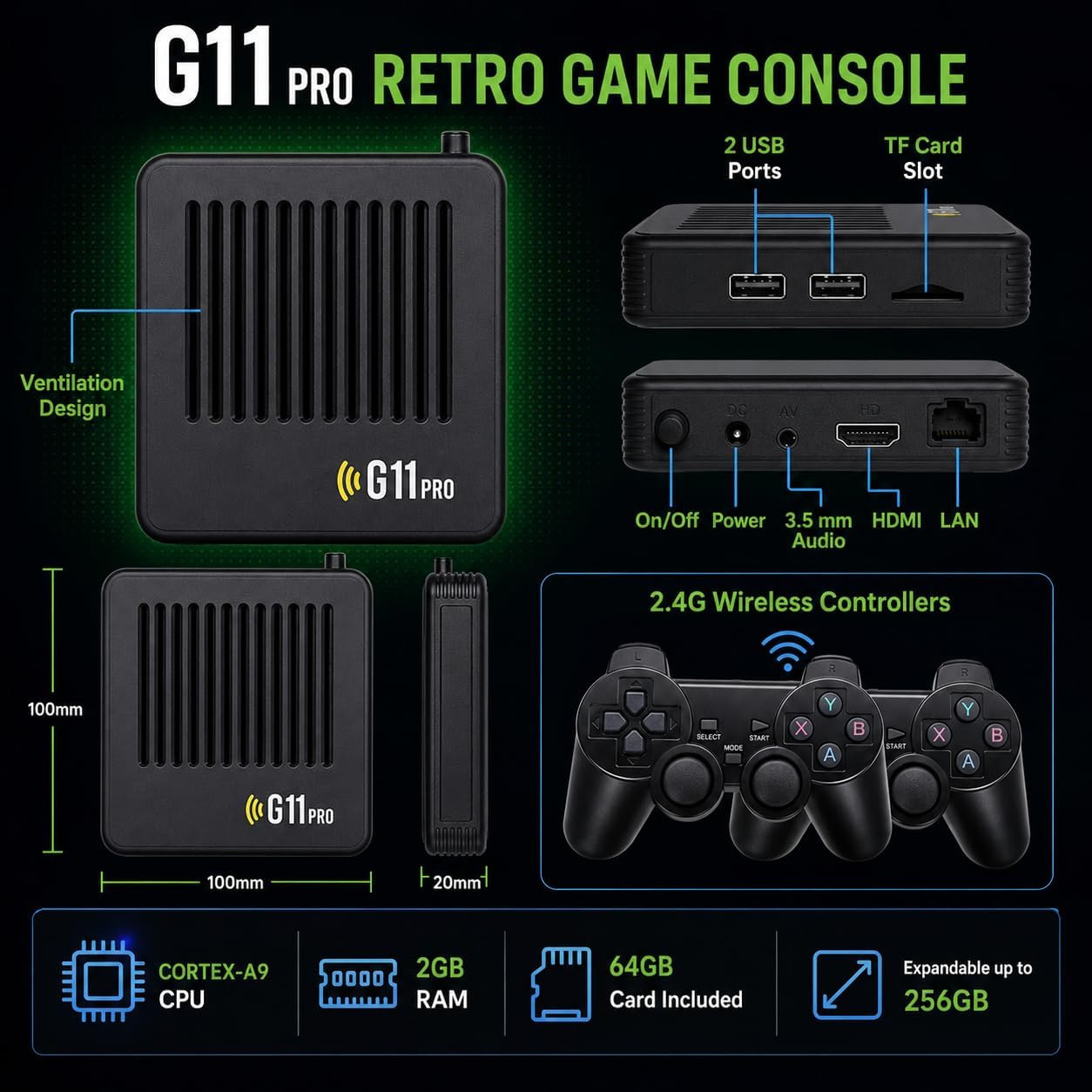 G11 Pro 4K Home Retro Game Console HDMI TV Gaming System 2 Wireless Controllers