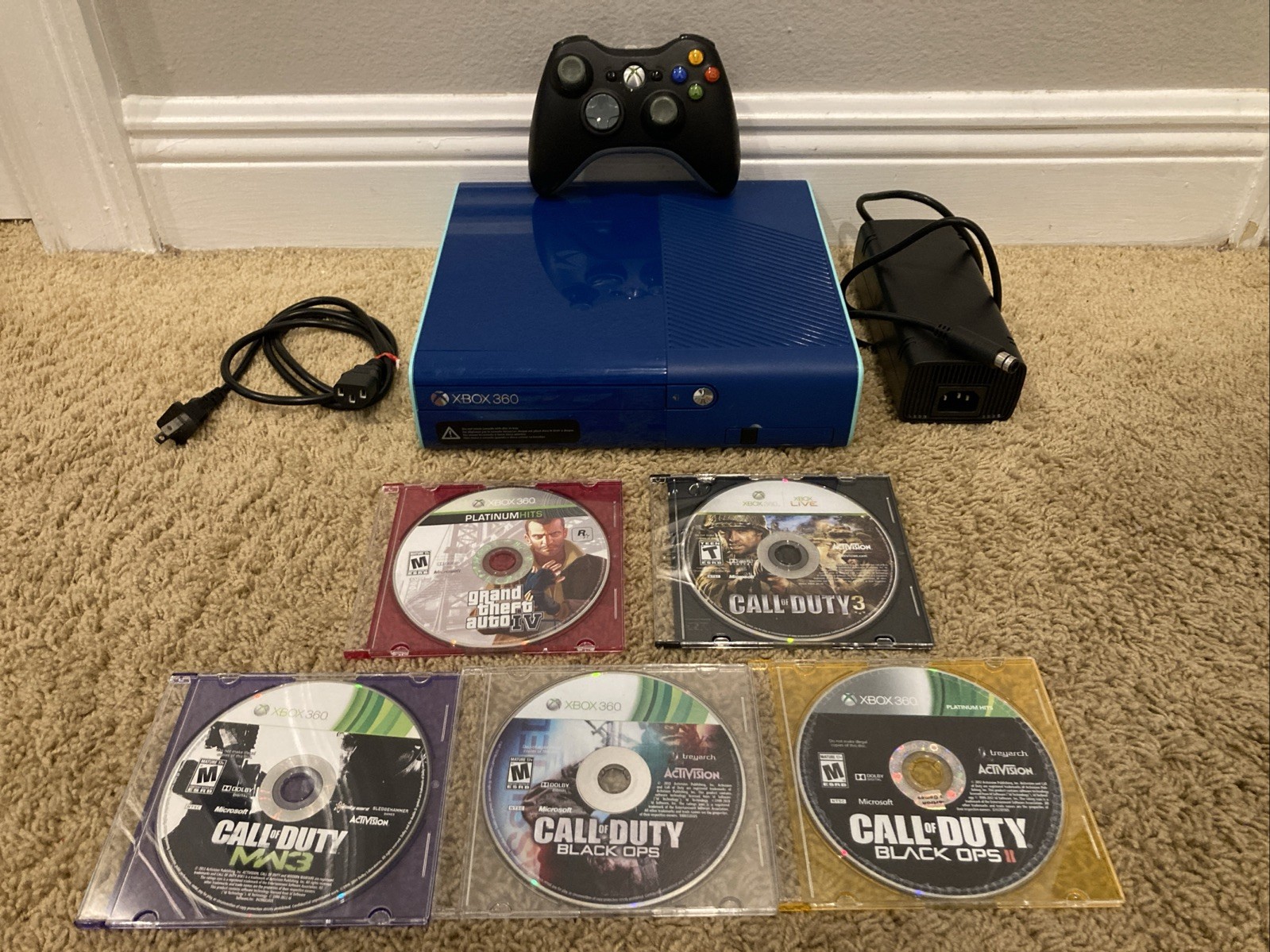 Xbox 360 E “Call Of Duty Ghosts” Edition Blue Console W/ Controller & 5 Games