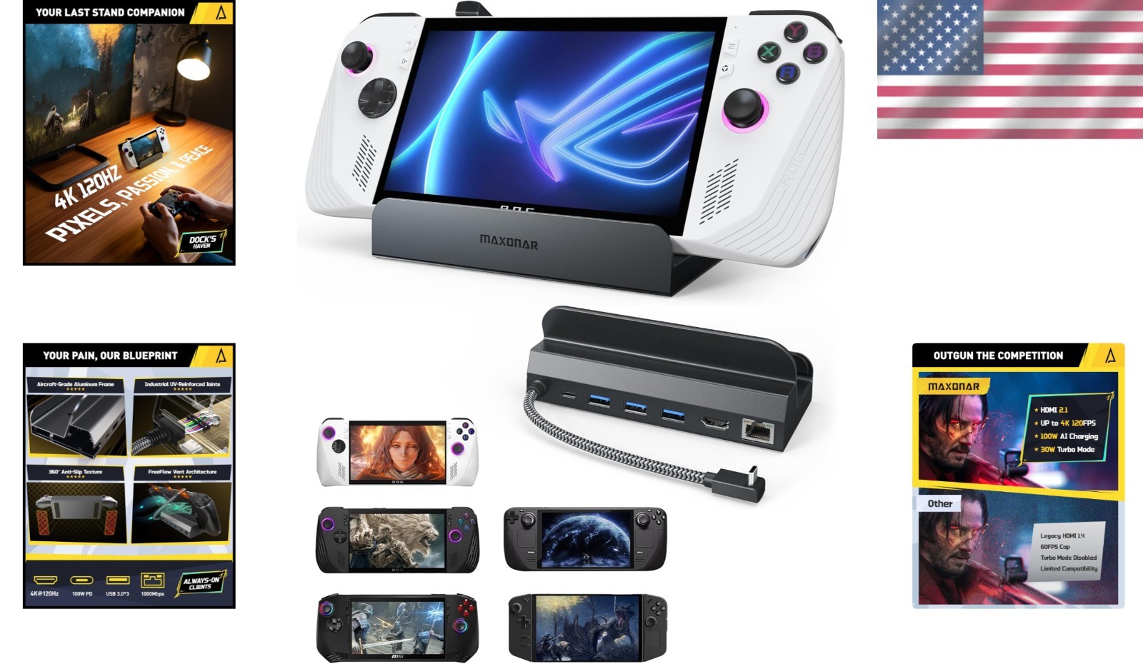 6-in-1 4K@120Hz Gaming Dock for ROG Ally, Steam Deck & Legion Go with 100W Power