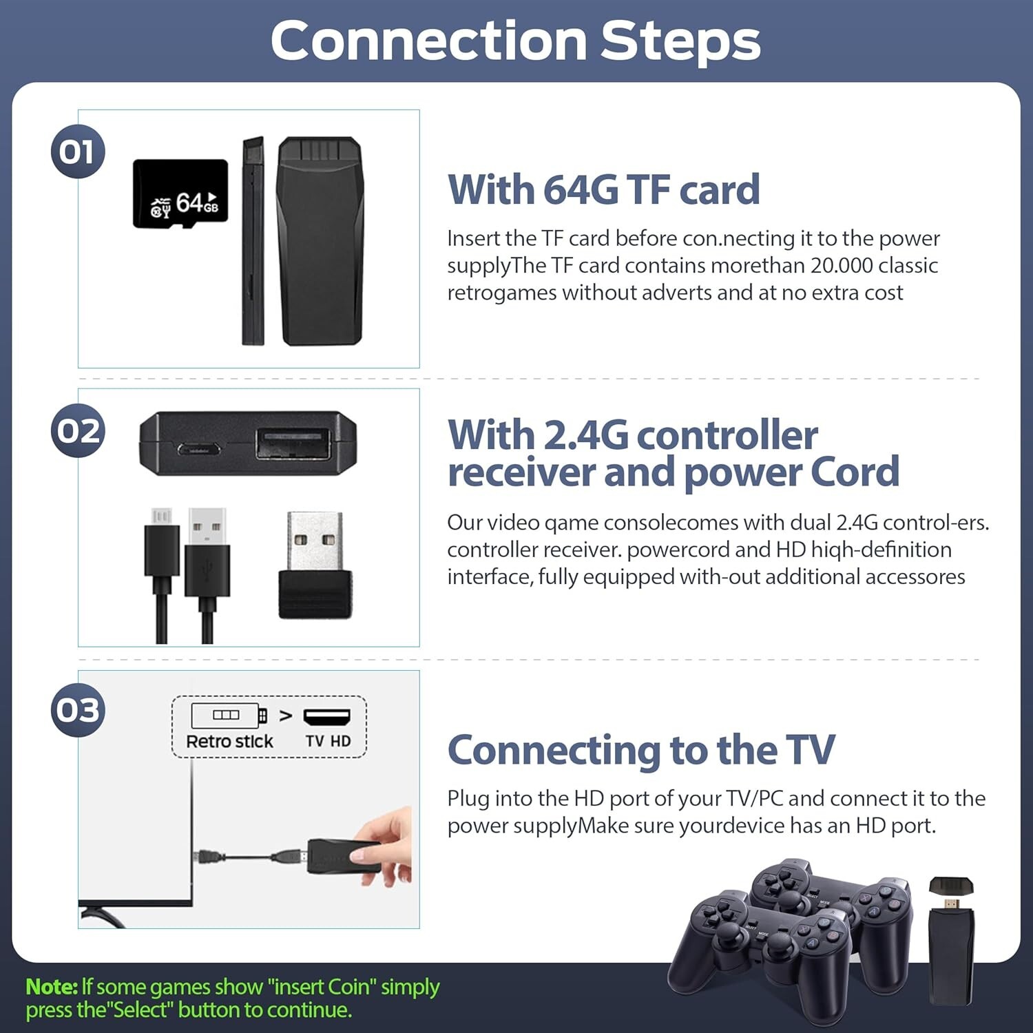 Wireless Retro Game Console, Retro Game Stick with Built-in 9 Emulators