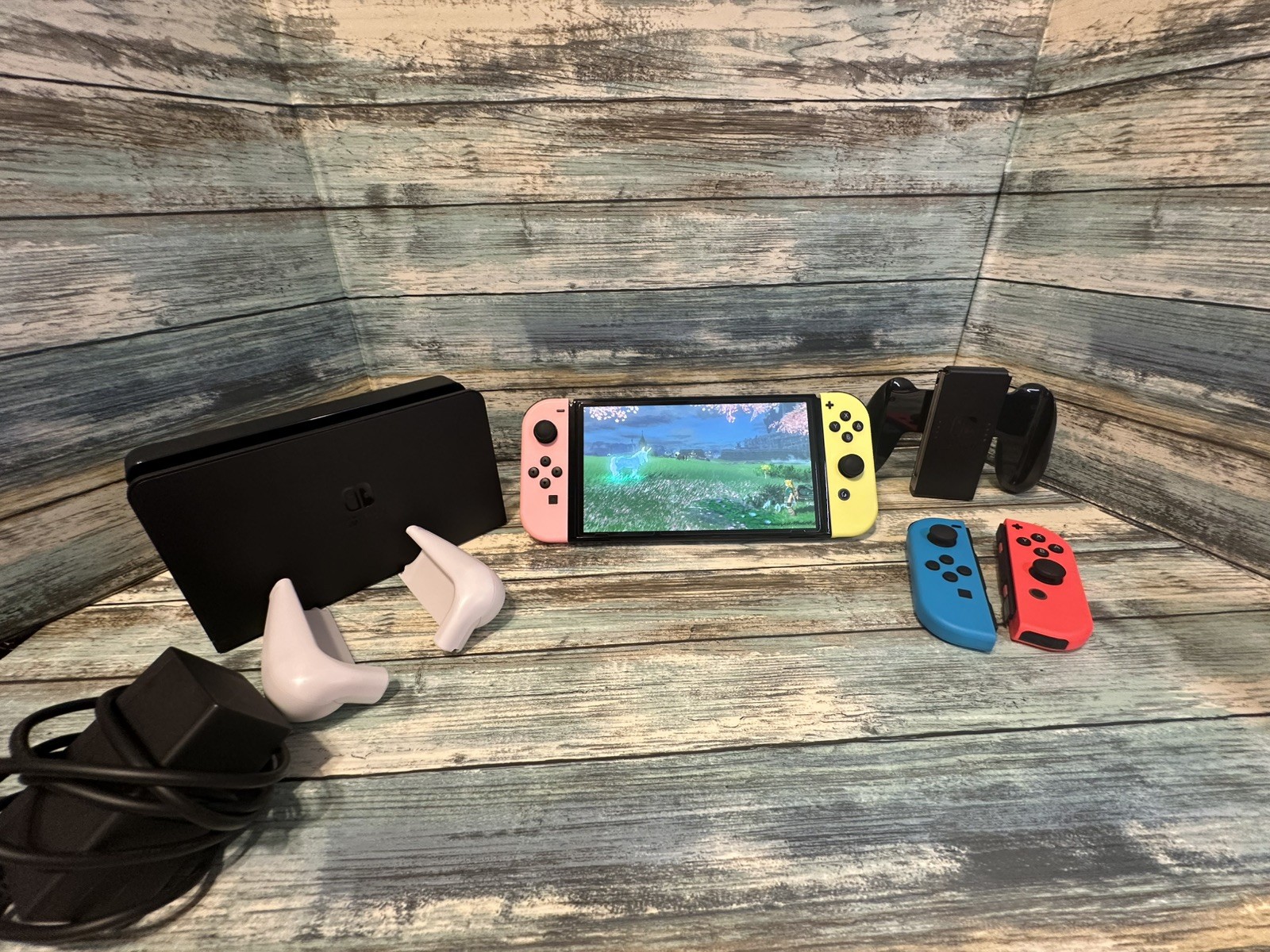 Nintendo Switch OLED Model w/ Neon Red & Neon Blue JoyCon Console + 2 JoyCons