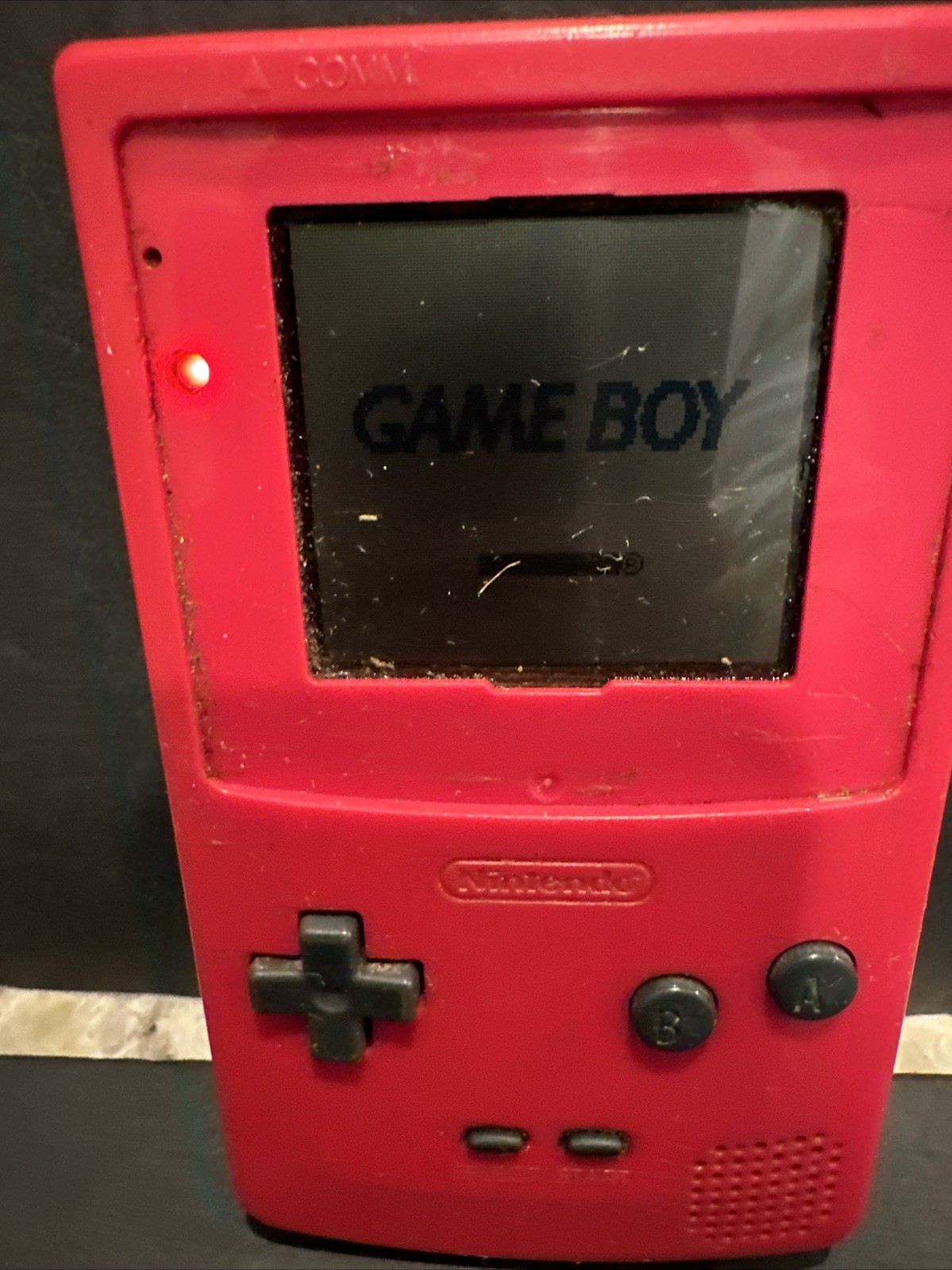 Nintendo Game Boy RED no battery cover and written ON WITH MARKER #R32