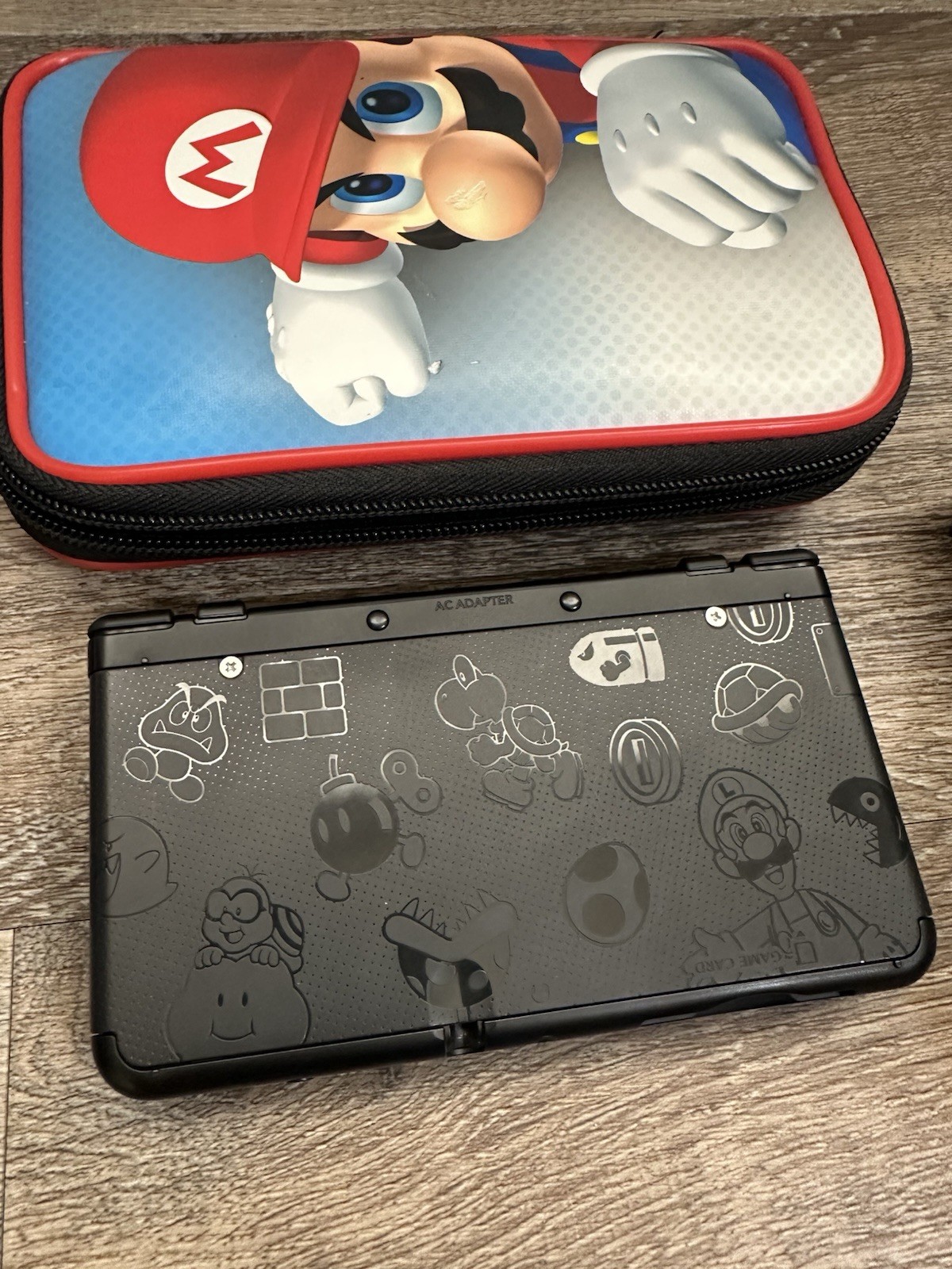 New Nintendo 3DS Black Mario Friday Console With Charger And Case No Stylus