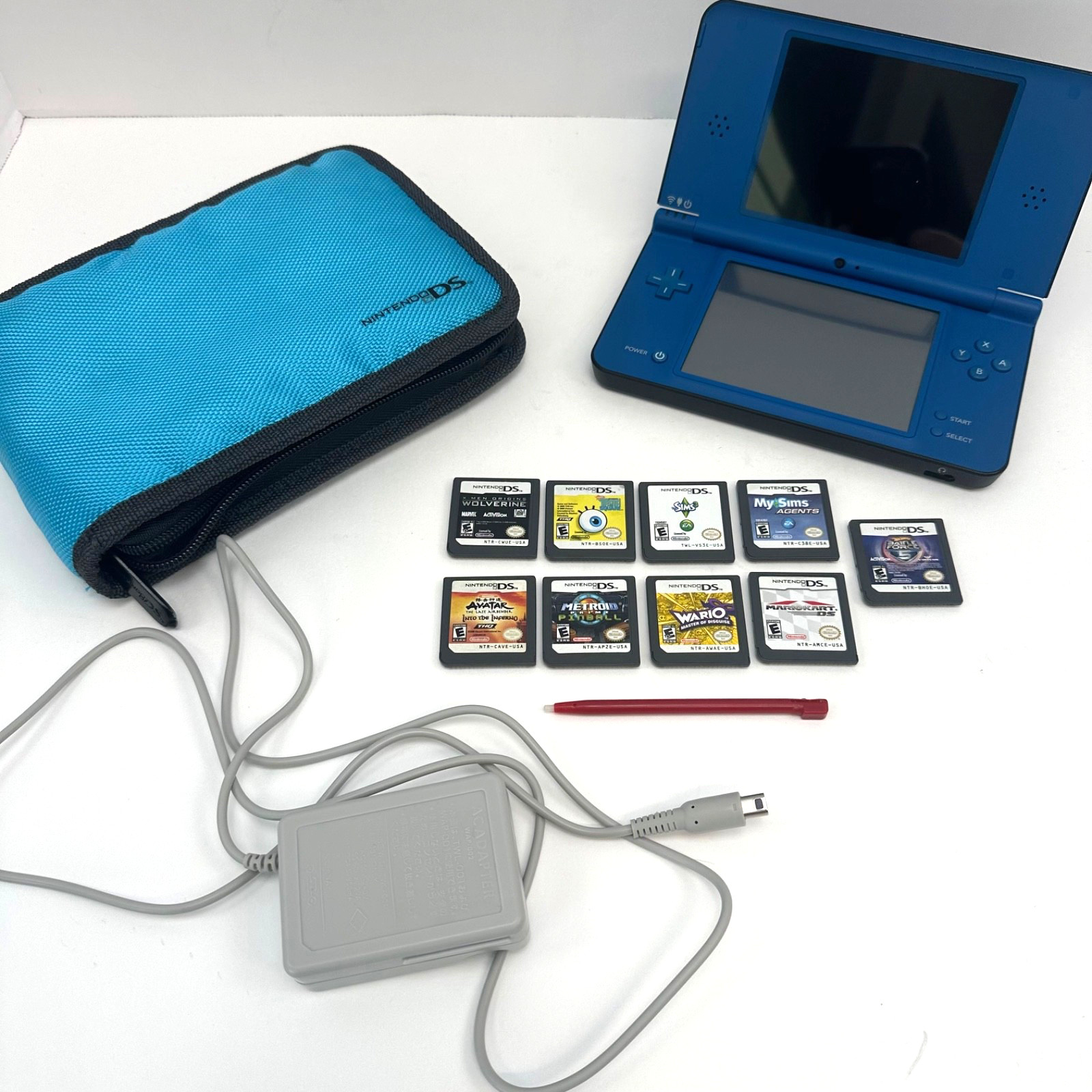 Nintendo DSi XL Midnight Blue Bundle Mario Kart DS & 8 Games Tested Works Stylus