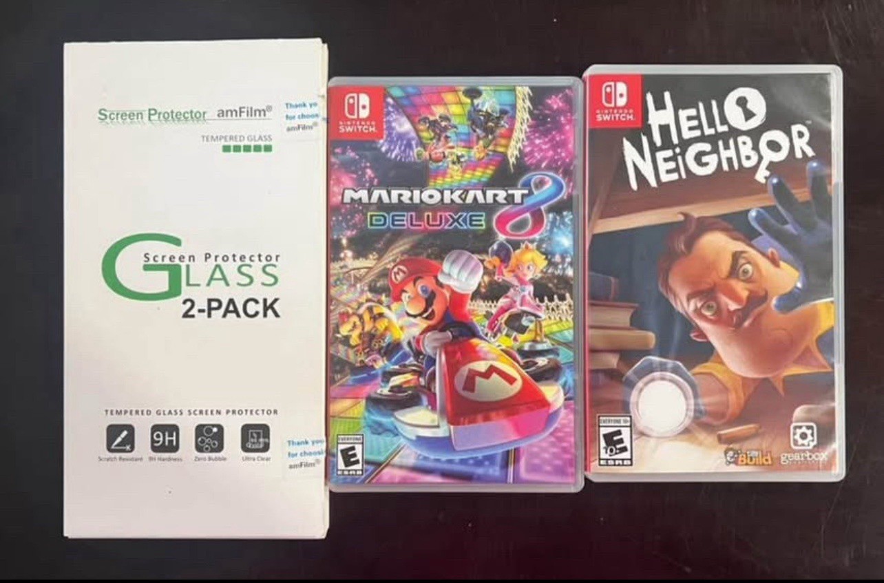 Nintendo Switch Purple & Orange Joy-Con Console Dock Case Mario Kart Bundle