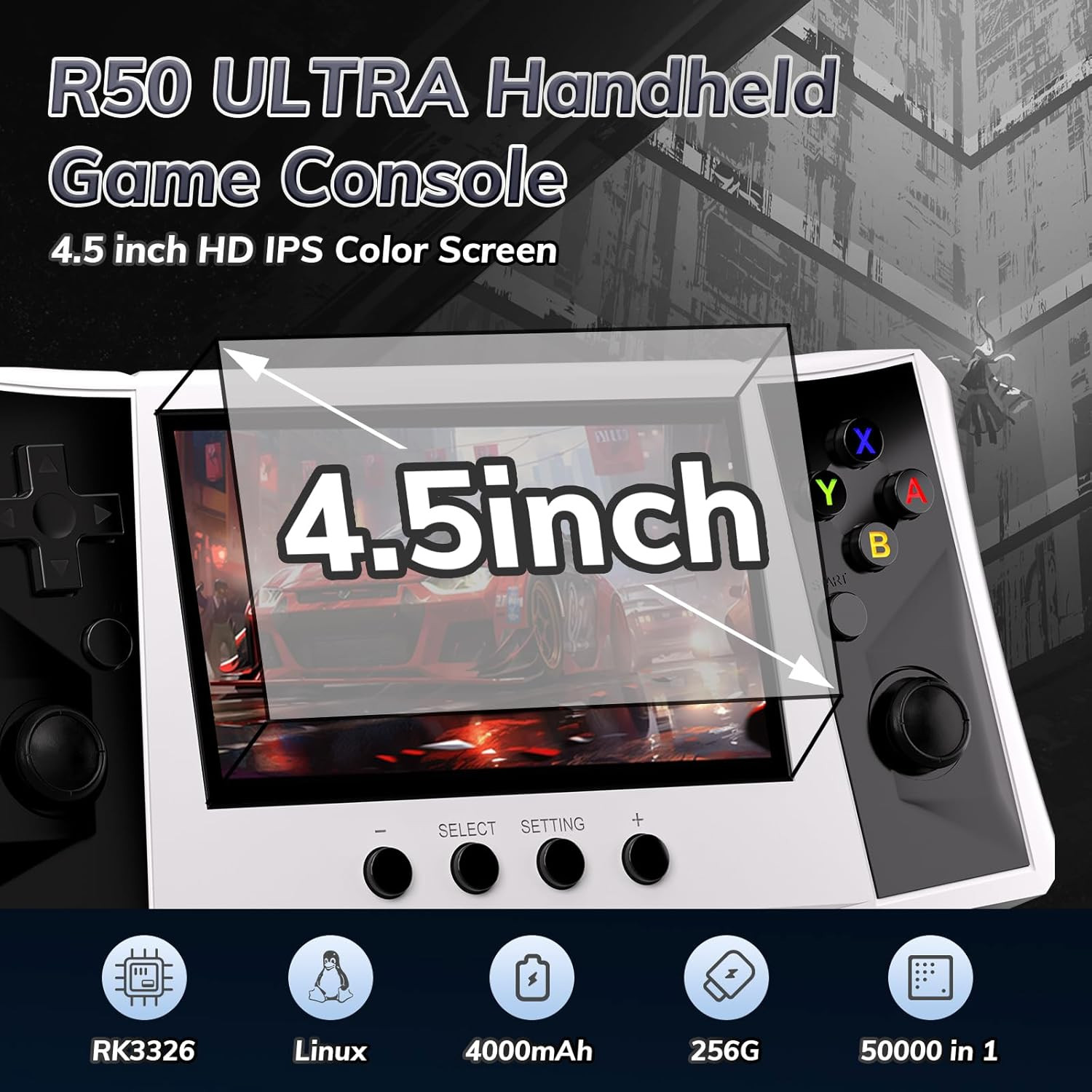 【50000 in 1】 R50 Ultra Handheld Game Console 4.5 Inch IPS Screen Mini Retro Cons