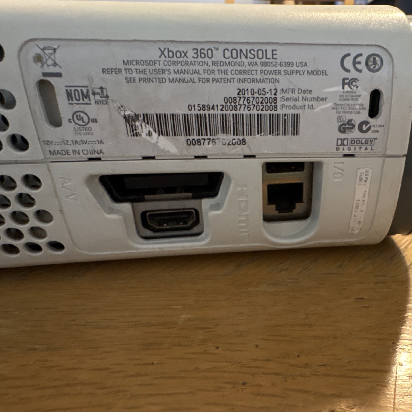 Microsoft Xbox 360 Console White 2010 HDMI AV Ethernet Dolby Digital