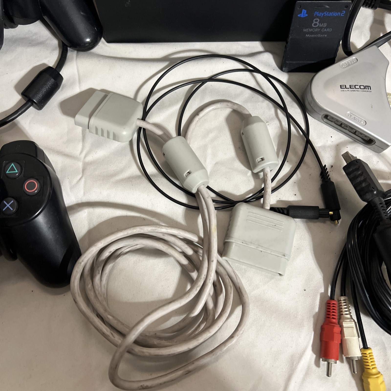 Sony PlayStation 2 PS2 Fat Console 2 Controllers,Memory Card Cords, error disc.